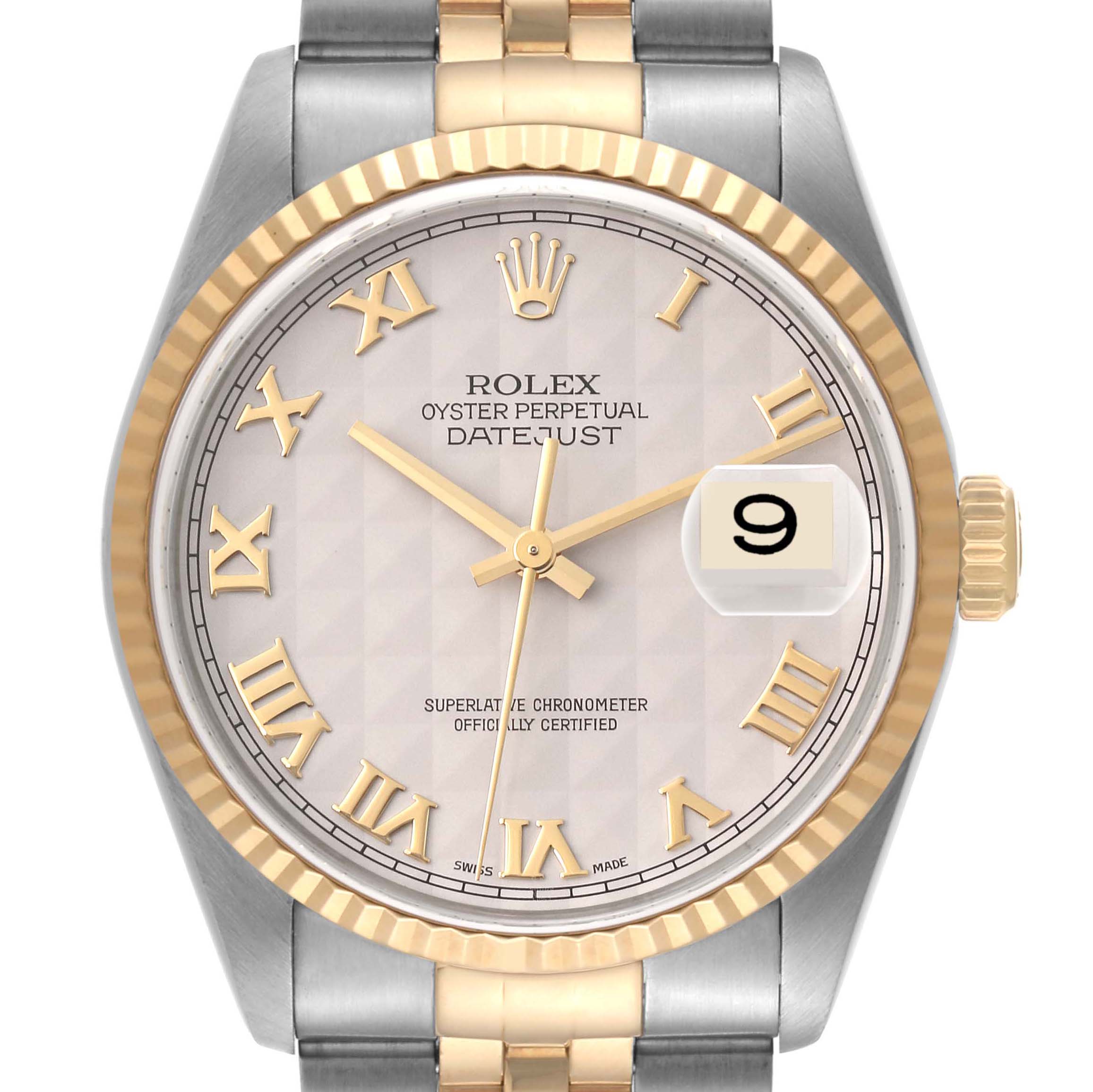The image shows a frontal view of the Rolex Datejust 16233 Men's Steel and Gold (two tone) Beige Dial 16233 Men's Steel and Gold (two tone) Beige Dial watch, featuring the face, bezel, crown, and part of the bracelet.