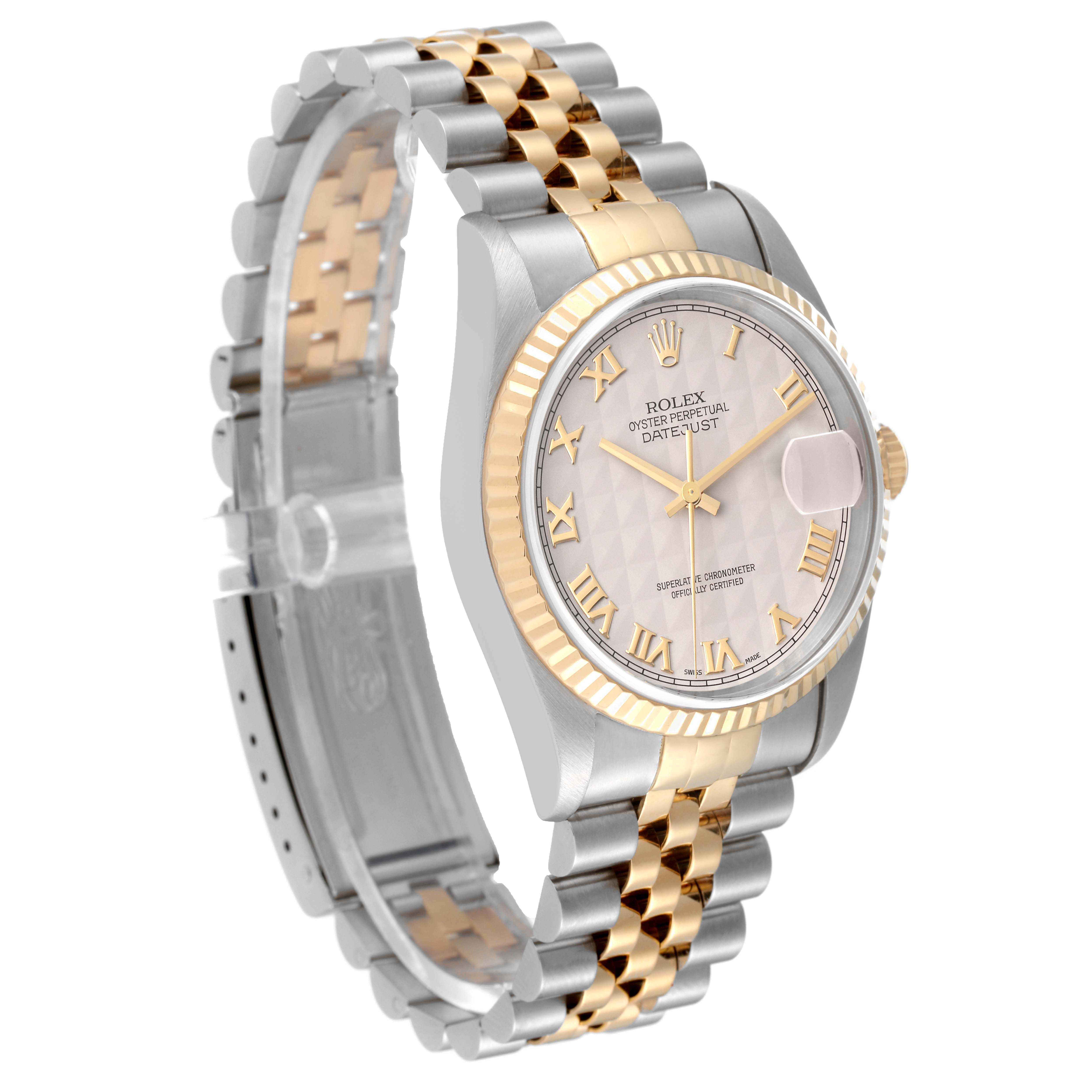 This Rolex Datejust 16233 Men's Steel and Gold (two tone) Beige Dial 16233 Men's Steel and Gold (two tone) Beige Dial watch is shown at a three-quarter angle displaying the face, bezel, and two-tone jubilee bracelet.