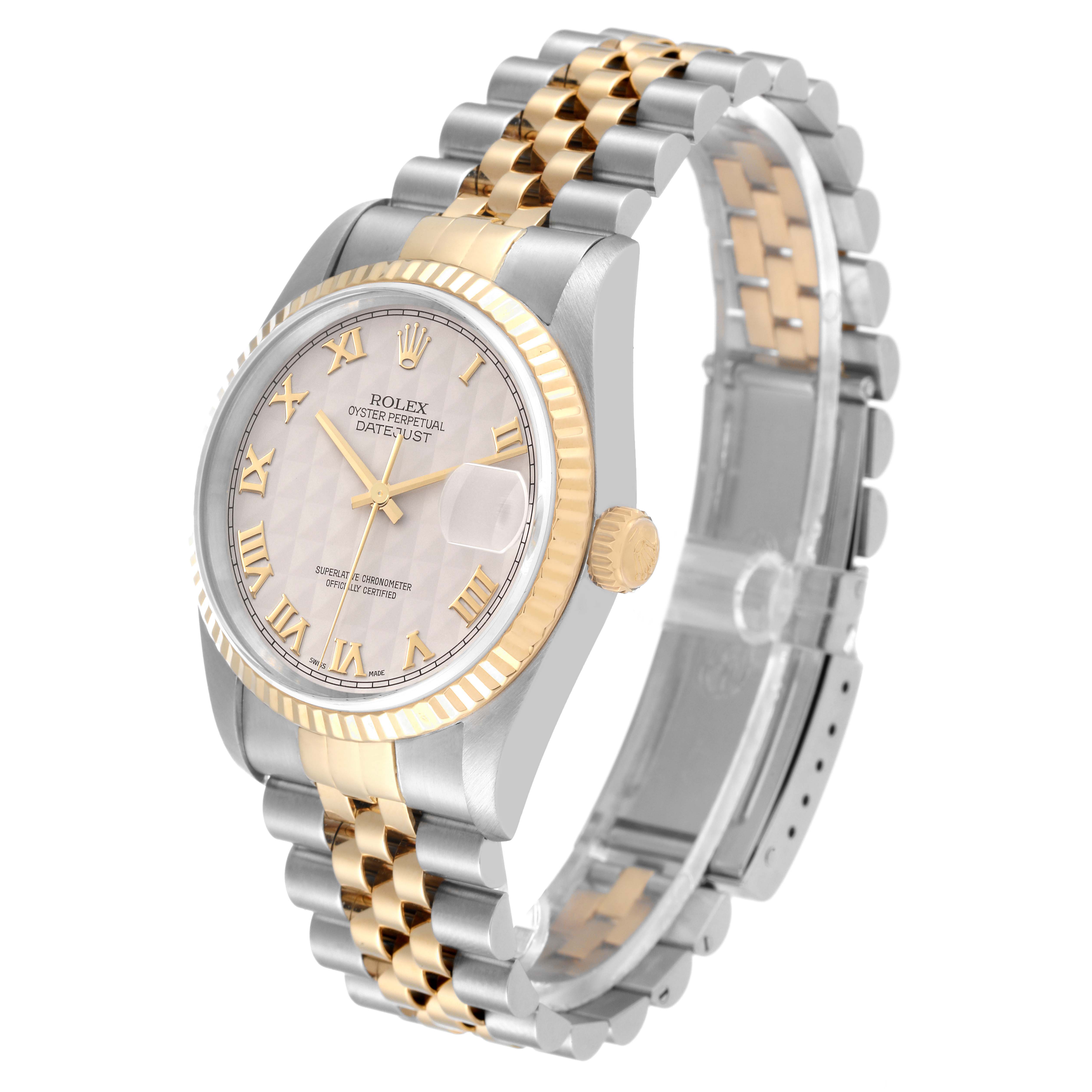 The Rolex Datejust 16233 Men's Steel and Gold (two tone) Beige Dial 16233 Men's Steel and Gold (two tone) Beige Dial watch is shown from a front-side angle, highlighting its gold and silver bracelet, bezel, and dial.