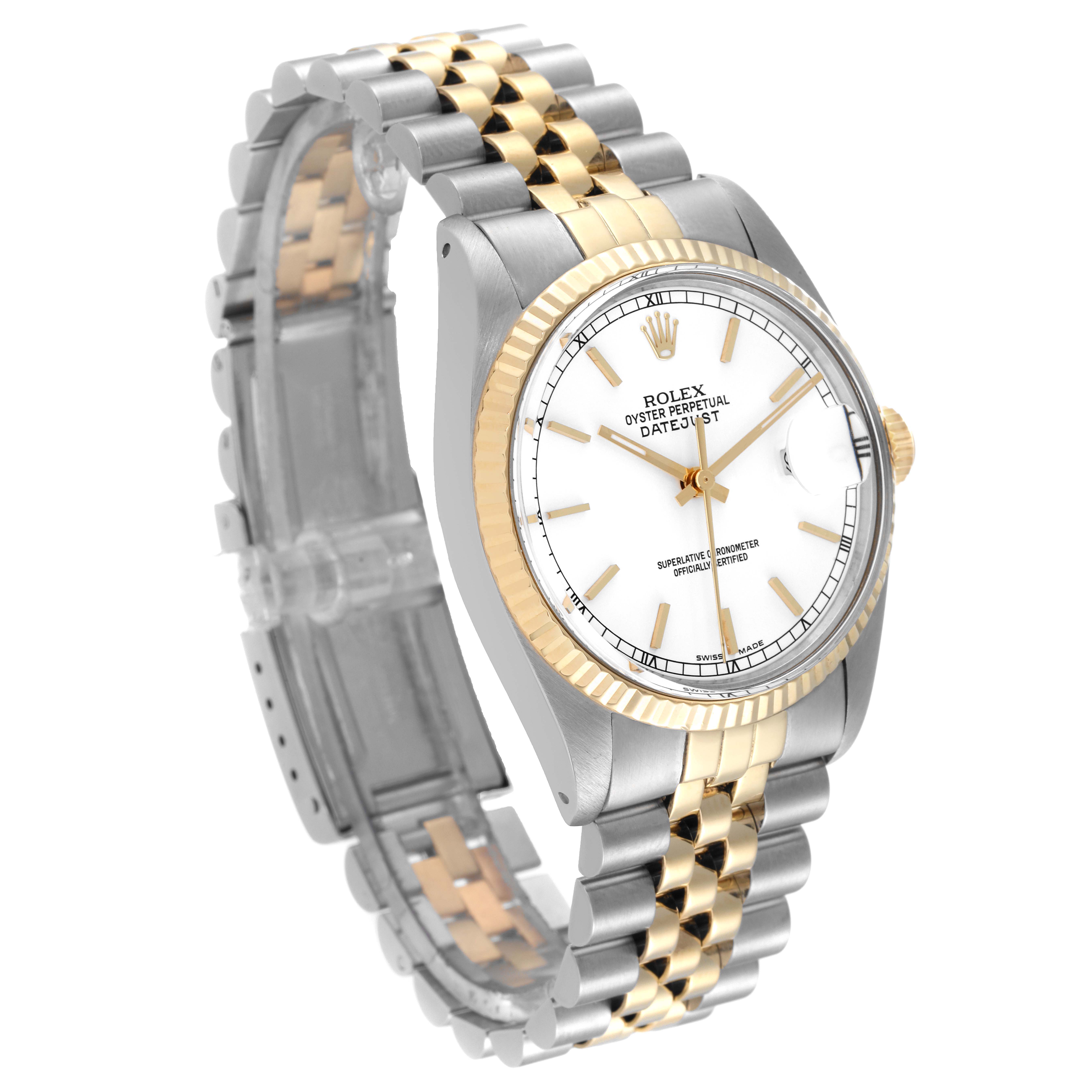 The Rolex Vintage Collection 16013 Men's Steel and Gold (two tone) White Dial 16013 Men's Steel and Gold (two tone) White Dial watch is shown at a three-quarter angle, highlighting its gold and silver bracelet, face, and bezel.