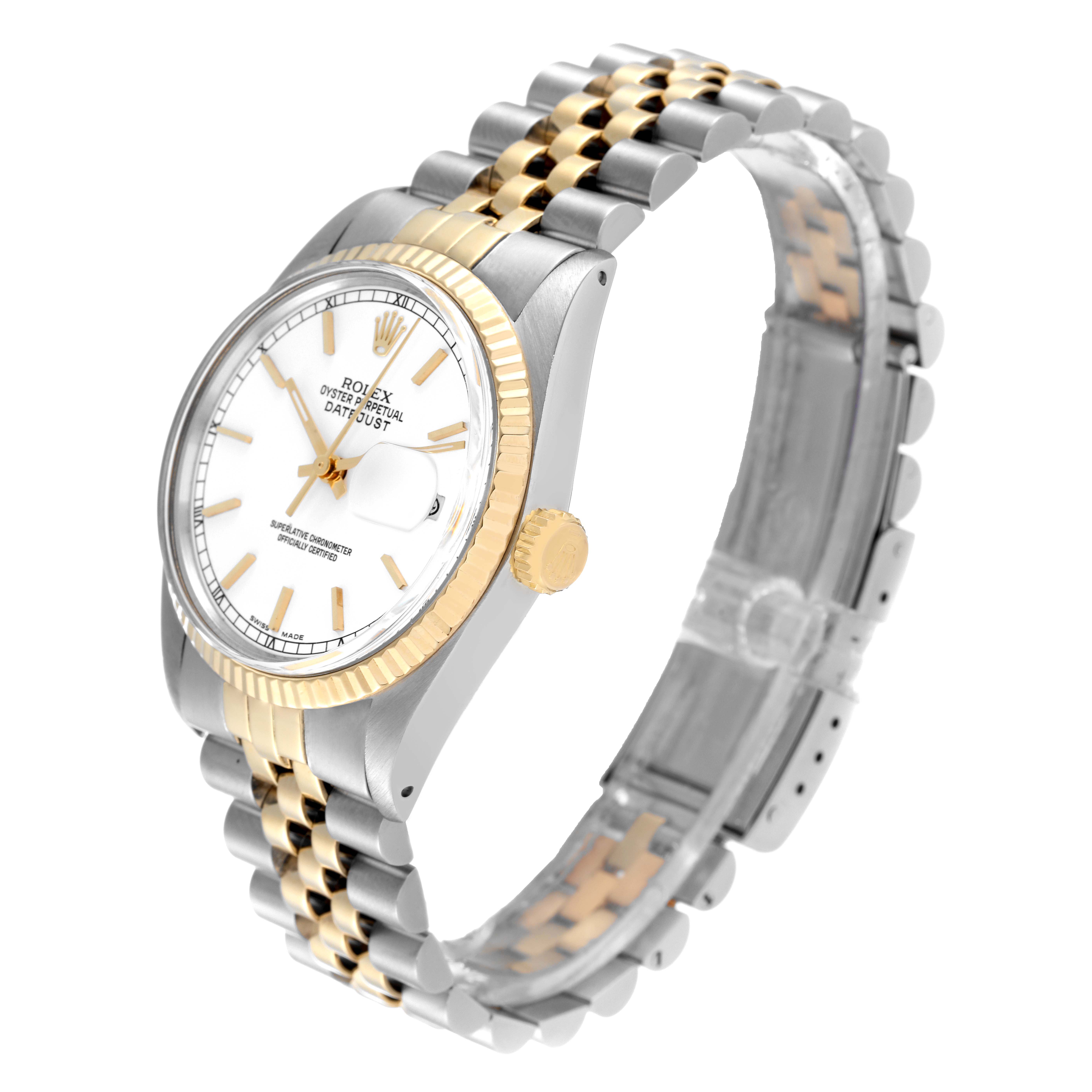 The Rolex Vintage Collection 16013 Men's Steel and Gold (two tone) White Dial 16013 Men's Steel and Gold (two tone) White Dial watch is shown at a side angle, displaying the face, bezel, crown, and two-tone link bracelet.