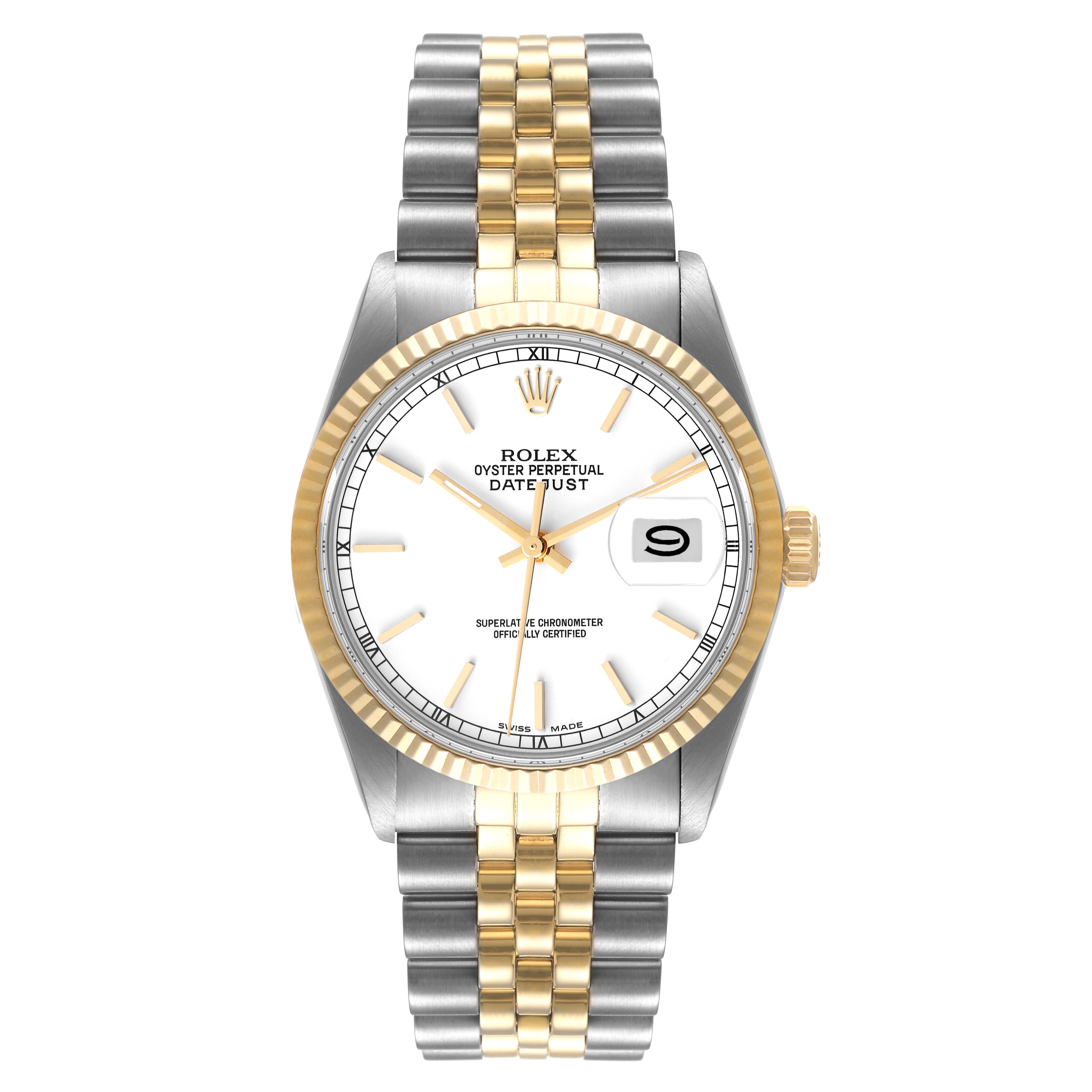 The Vintage Collection Rolex watch is shown from a front angle, displaying its two-tone bracelet, white dial, date window, and gold bezel.