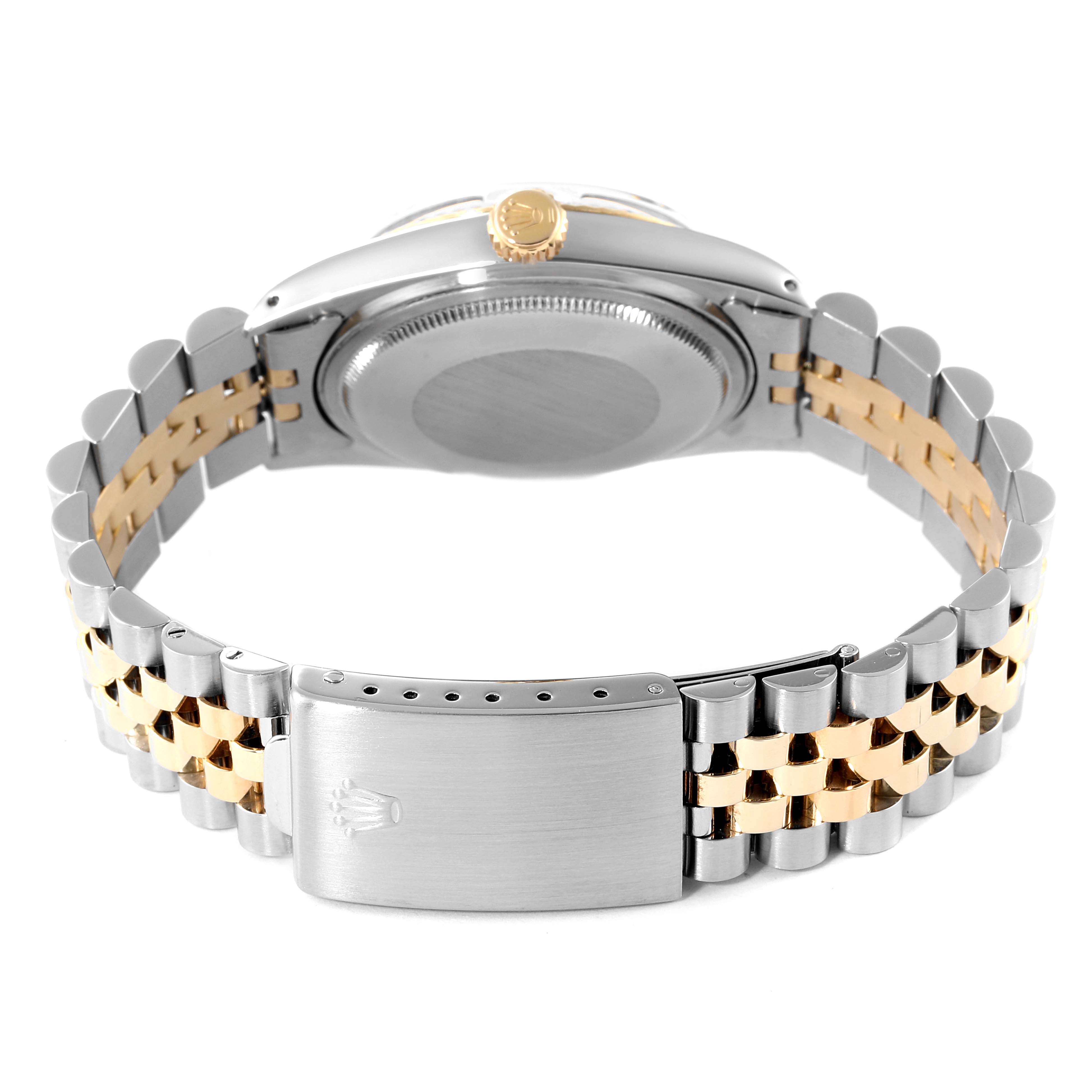 This image shows a rear view of a Rolex Vintage Collection 16013 Men's Steel and Gold (two tone) White Dial 16013 Men's Steel and Gold (two tone) White Dial model watch showcasing its two-tone metal bracelet and clasp.