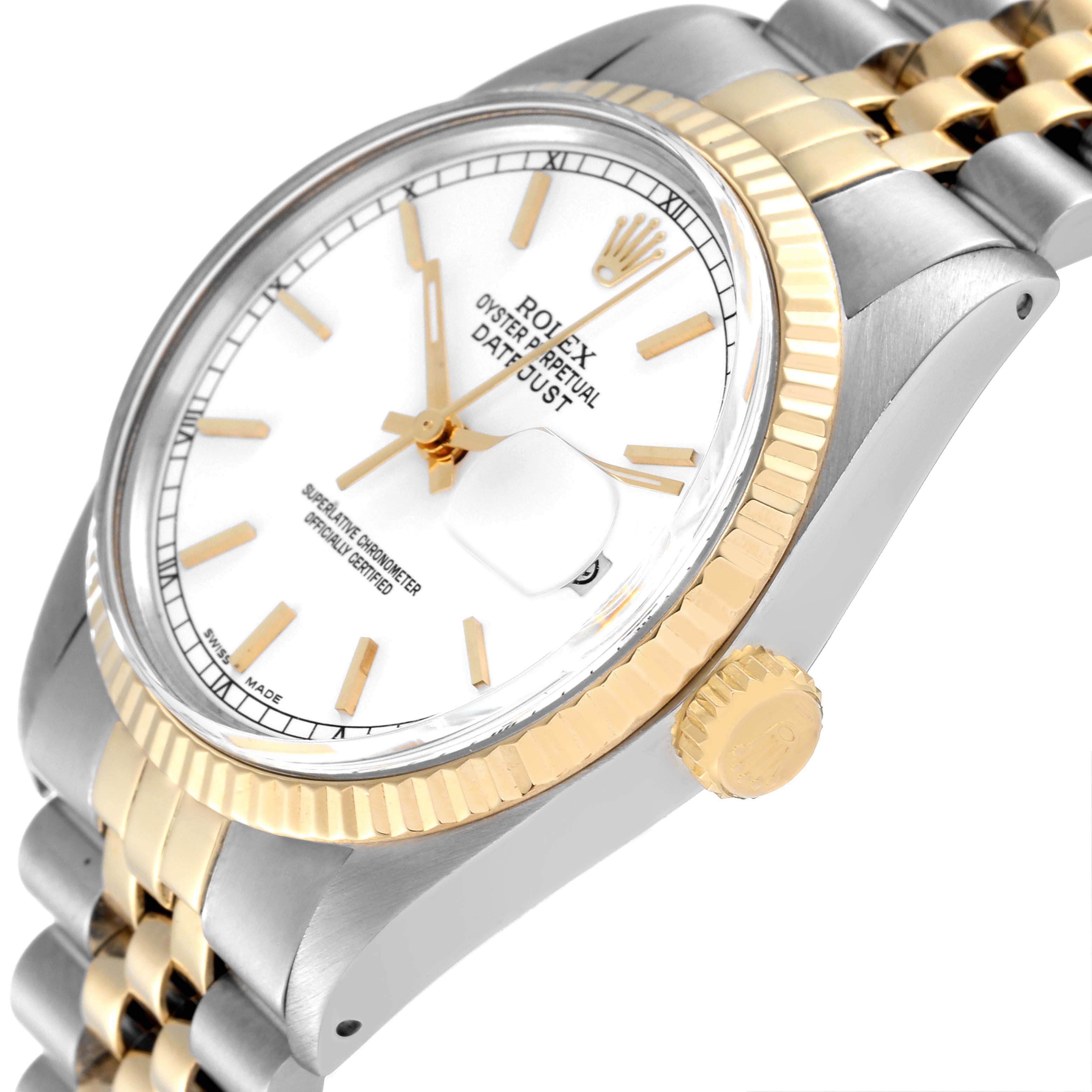 The Rolex Vintage Collection 16013 Men's Steel and Gold (two tone) White Dial 16013 Men's Steel and Gold (two tone) White Dial watch is shown at an angled side view, highlighting the face, crown, bezel, and two-tone bracelet.