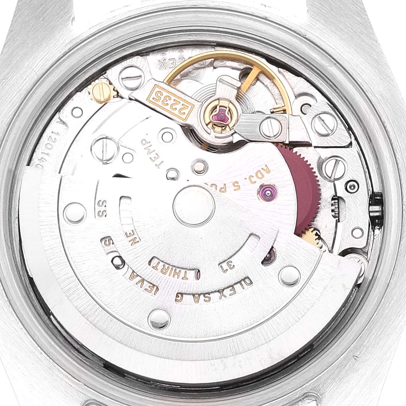 This image shows a close-up of the movement and internal mechanics of a Rolex Datejust 179173 Women's Stainless Steel White Dial 179173 Women's Stainless Steel White Dial watch.
