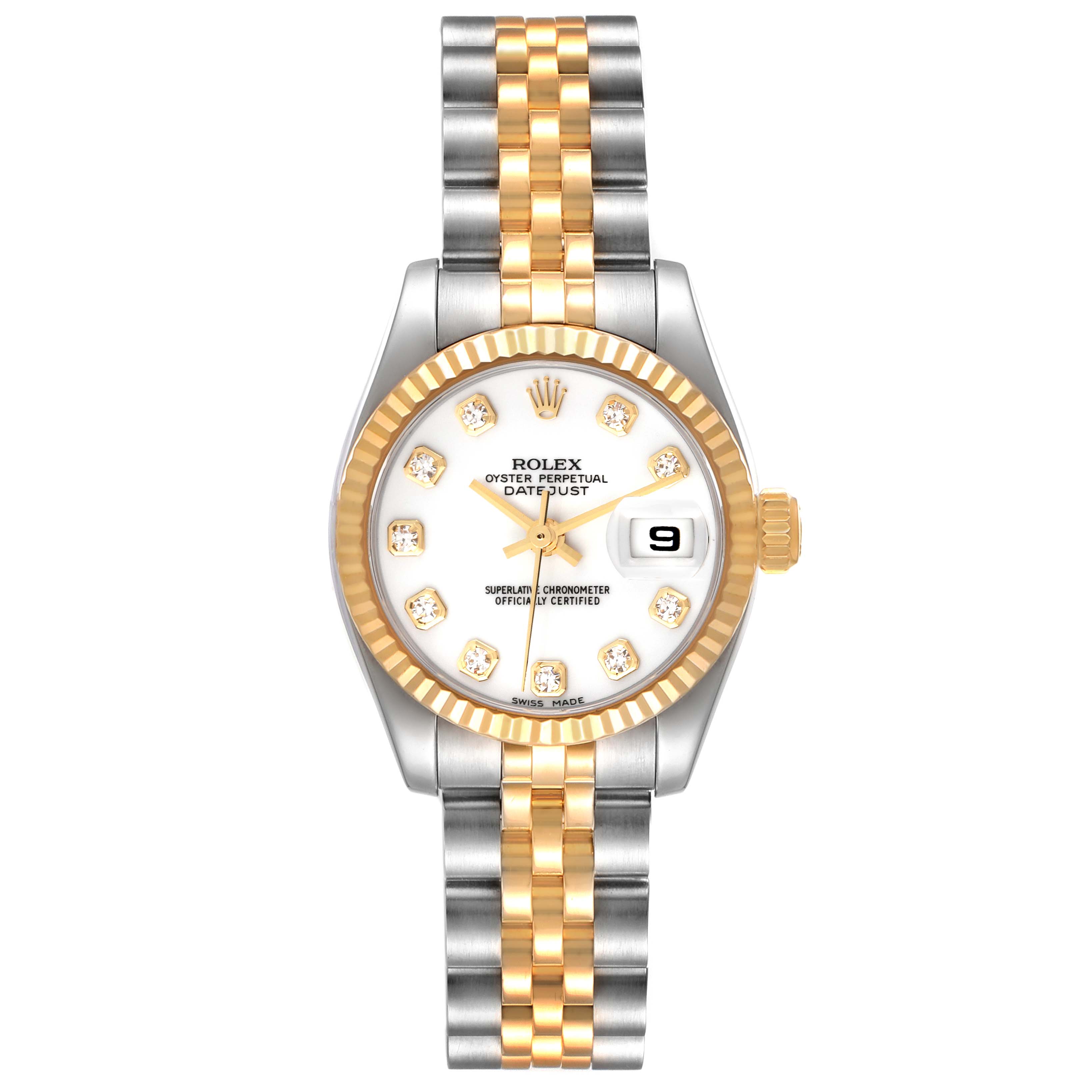 This image shows a front view of a Rolex Datejust 179173 Women's Stainless Steel White Dial 179173 Women's Stainless Steel White Dial watch, featuring a two-tone bracelet, white dial, and date window at 3 o'clock.