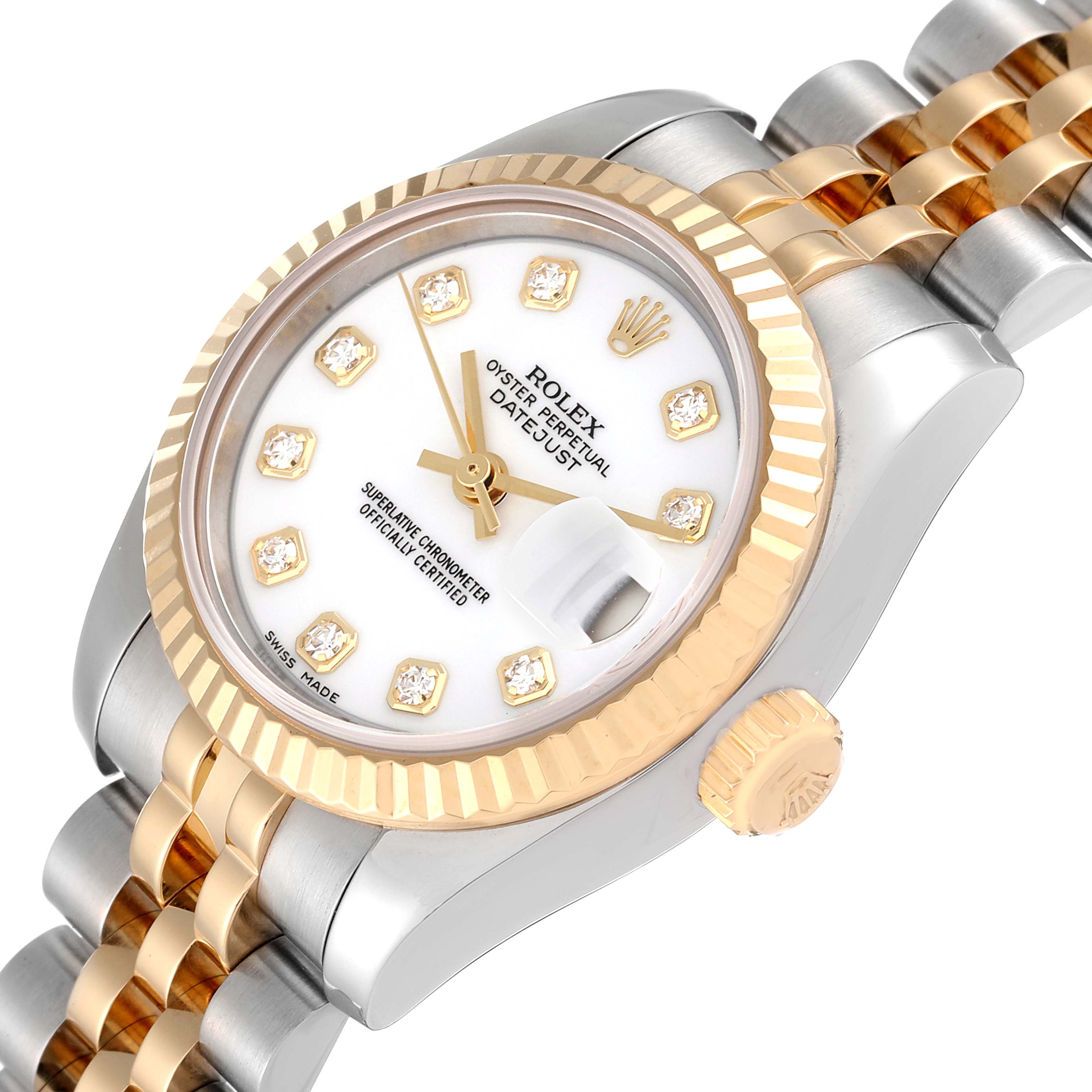 The Rolex Datejust 179173 Women's Stainless Steel White Dial 179173 Women's Stainless Steel White Dial watch is shown at a slight angle, highlighting the dial, bezel, crown, and part of the bracelet.