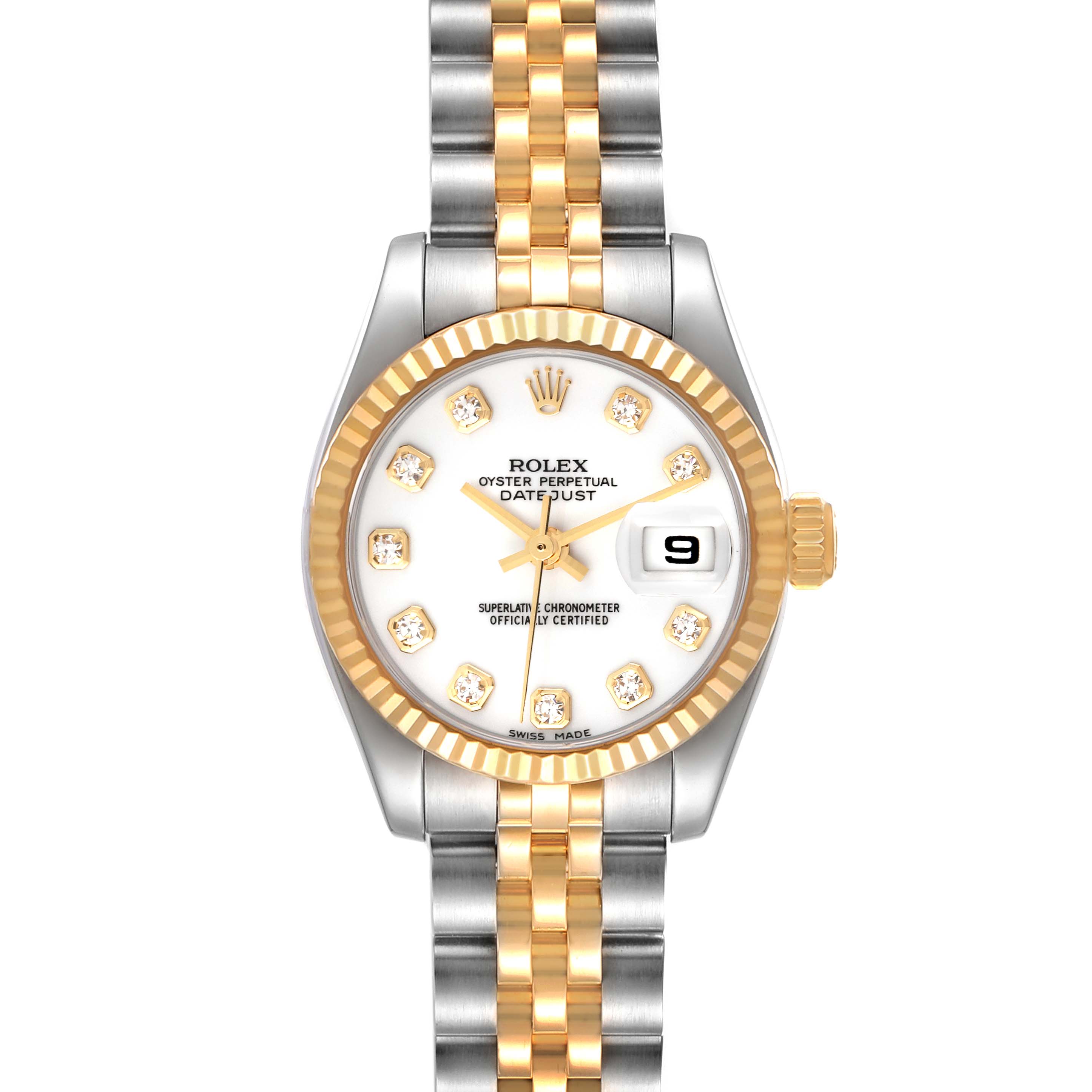 This image shows a Rolex Datejust 179173 Women's Stainless Steel White Dial 179173 Women's Stainless Steel White Dial watch from a top-down angle, highlighting the dial, date window, bezel, and bracelet.