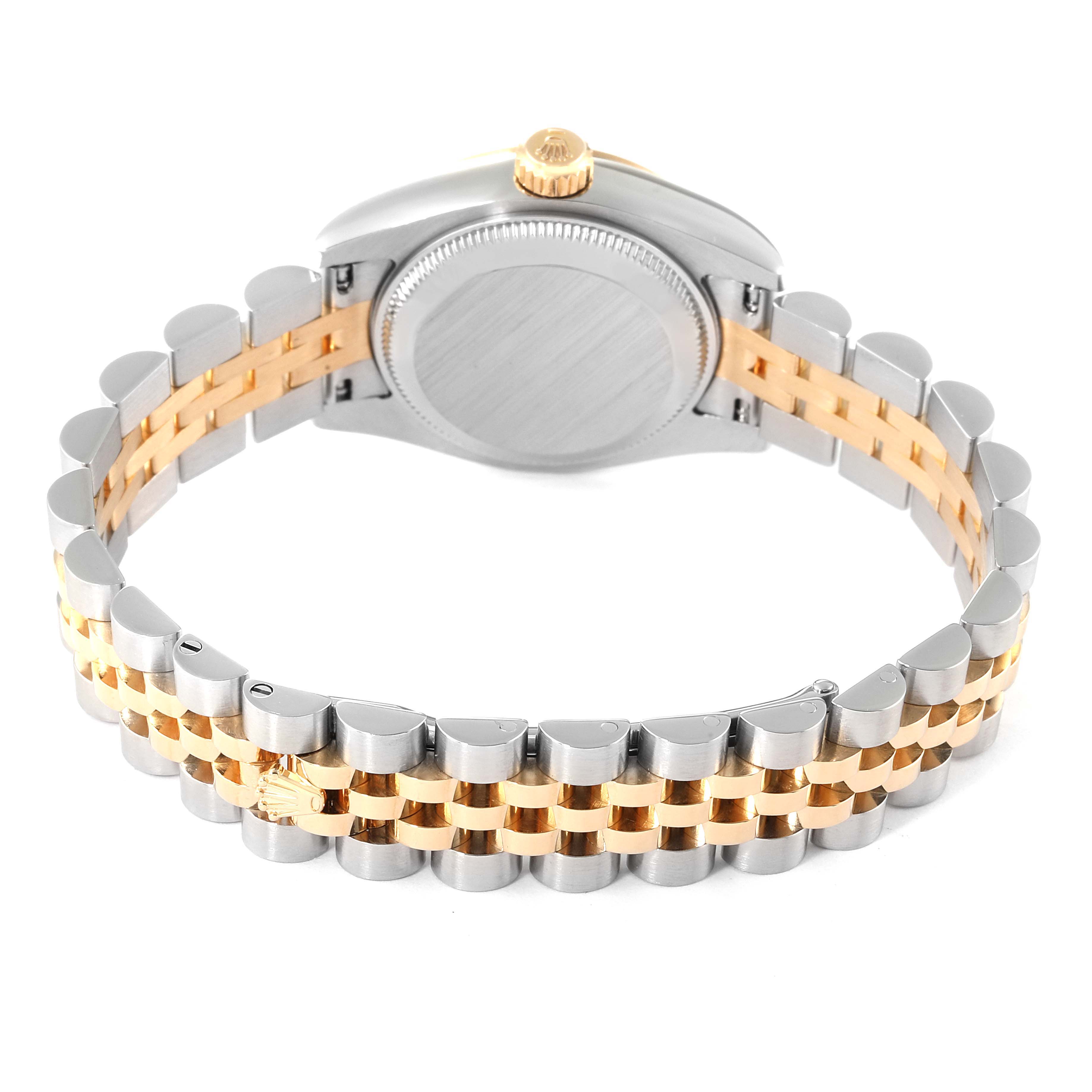 The image shows the back and bracelet of a Rolex Datejust 179173 Women's Stainless Steel White Dial 179173 Women's Stainless Steel White Dial watch, highlighting its two-tone metal strap.
