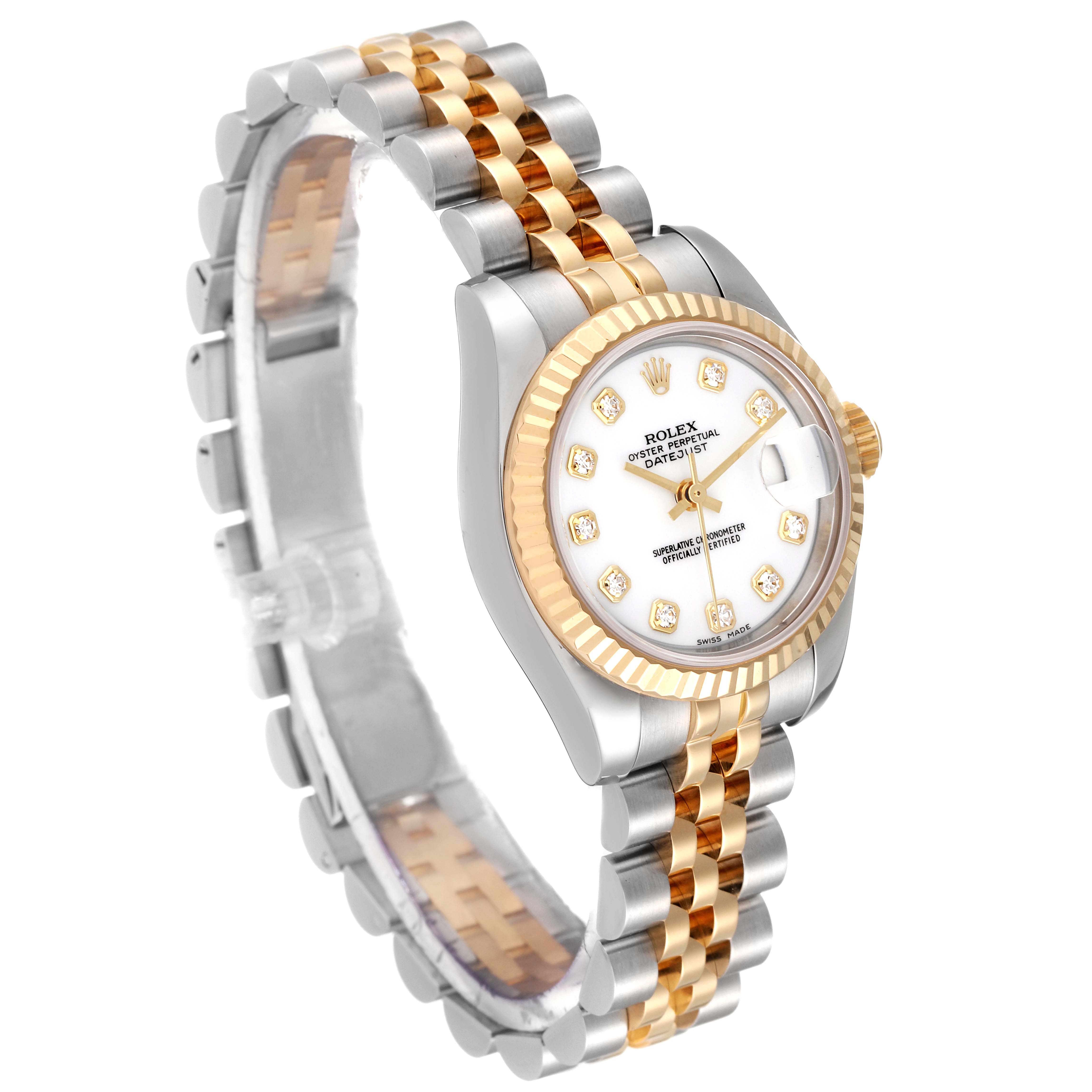 The image shows a Rolex Datejust 179173 Women's Stainless Steel White Dial 179173 Women's Stainless Steel White Dial watch at a slight angle, highlighting its two-tone bracelet, fluted bezel, and diamond hour markers.