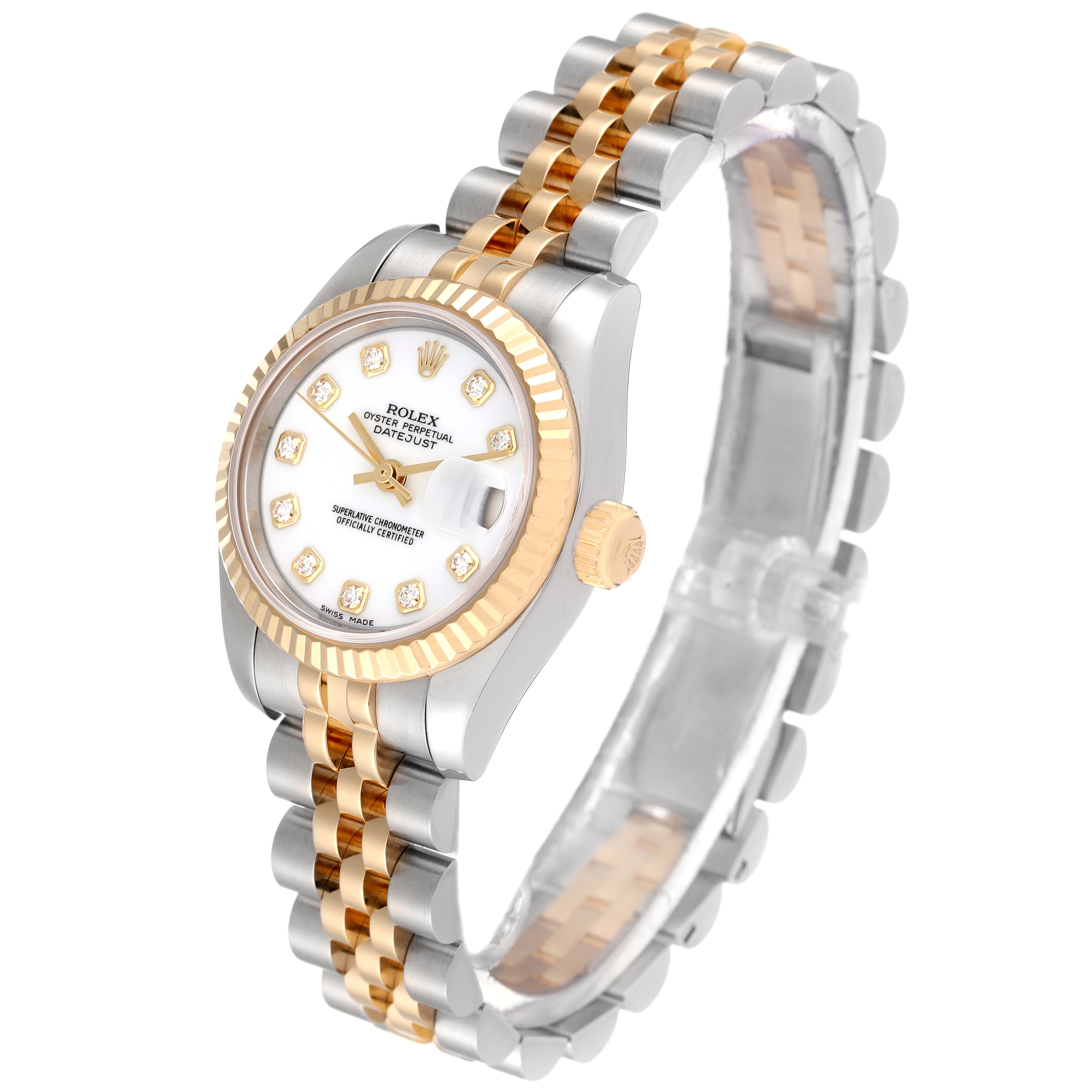 The Rolex Datejust 179173 Women's Stainless Steel White Dial 179173 Women's Stainless Steel White Dial model watch is shown at an angled top view, displaying its case, dial, bezel, crown, and two-tone bracelet.