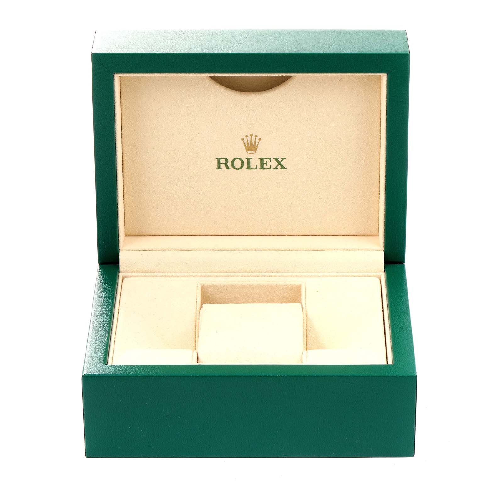 The image shows an open Rolex Datejust 116243 Men's Steel and Gold (two tone) Black Dial 116243 Men's Steel and Gold (two tone) Black Dial watch box from a frontal angle, displaying its beige interior and green exterior.