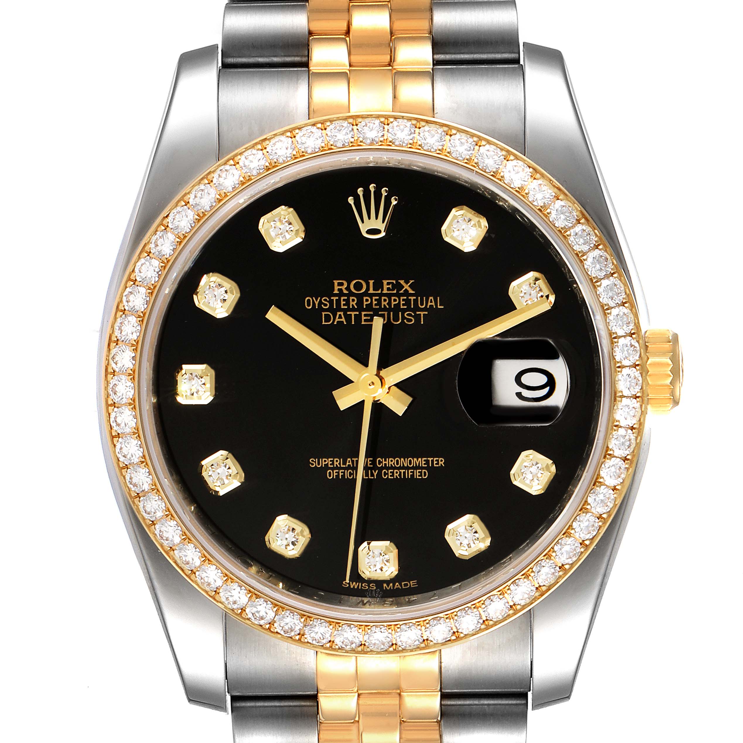 The image shows the front view of a Rolex Datejust 116243 Men's Steel and Gold (two tone) Black Dial 116243 Men's Steel and Gold (two tone) Black Dial watch, highlighting its black dial, diamond markers, and two-tone bracelet.