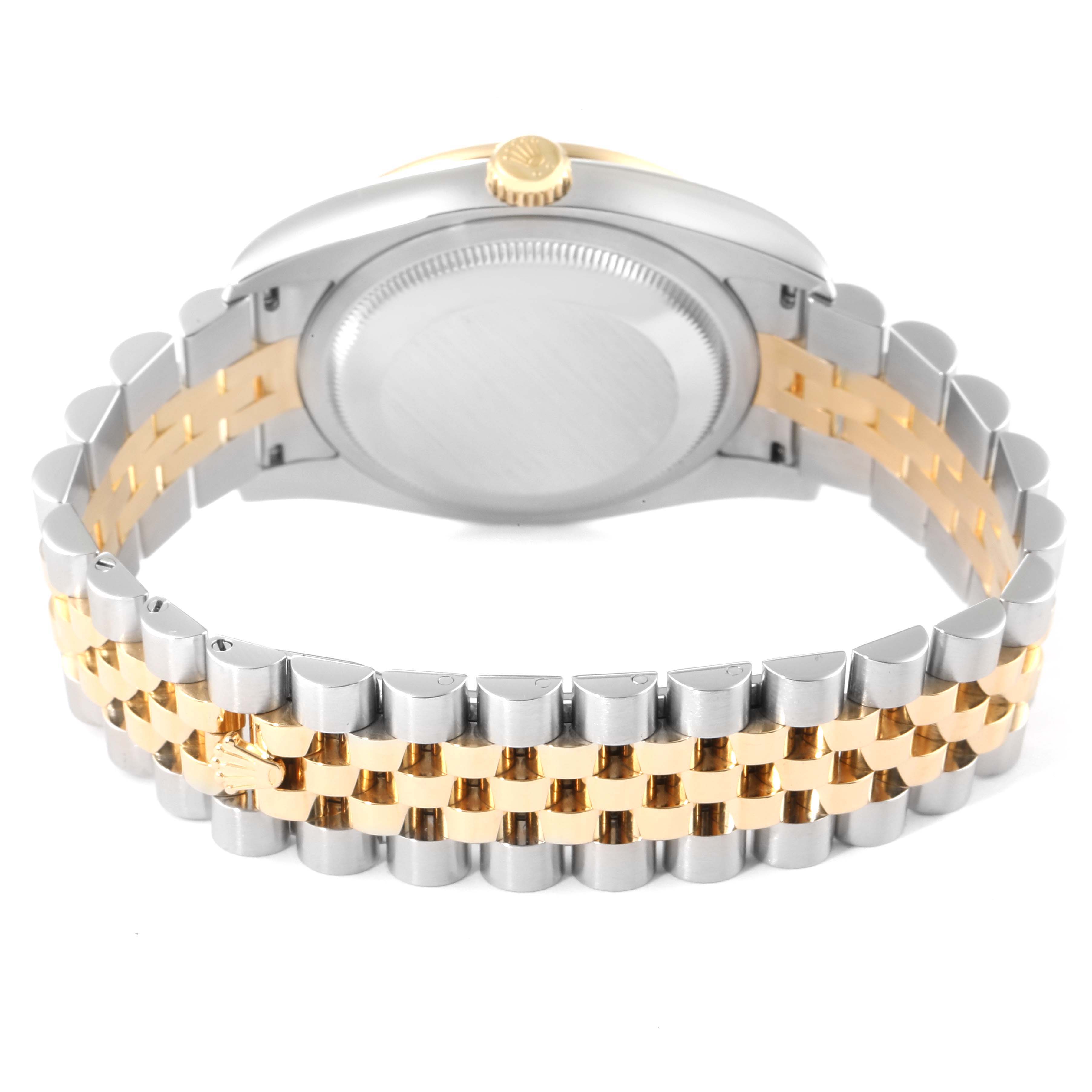 The image shows the back case and bracelet of a Rolex Datejust 116243 Men's Steel and Gold (two tone) Black Dial 116243 Men's Steel and Gold (two tone) Black Dial watch, highlighting its two-tone design.