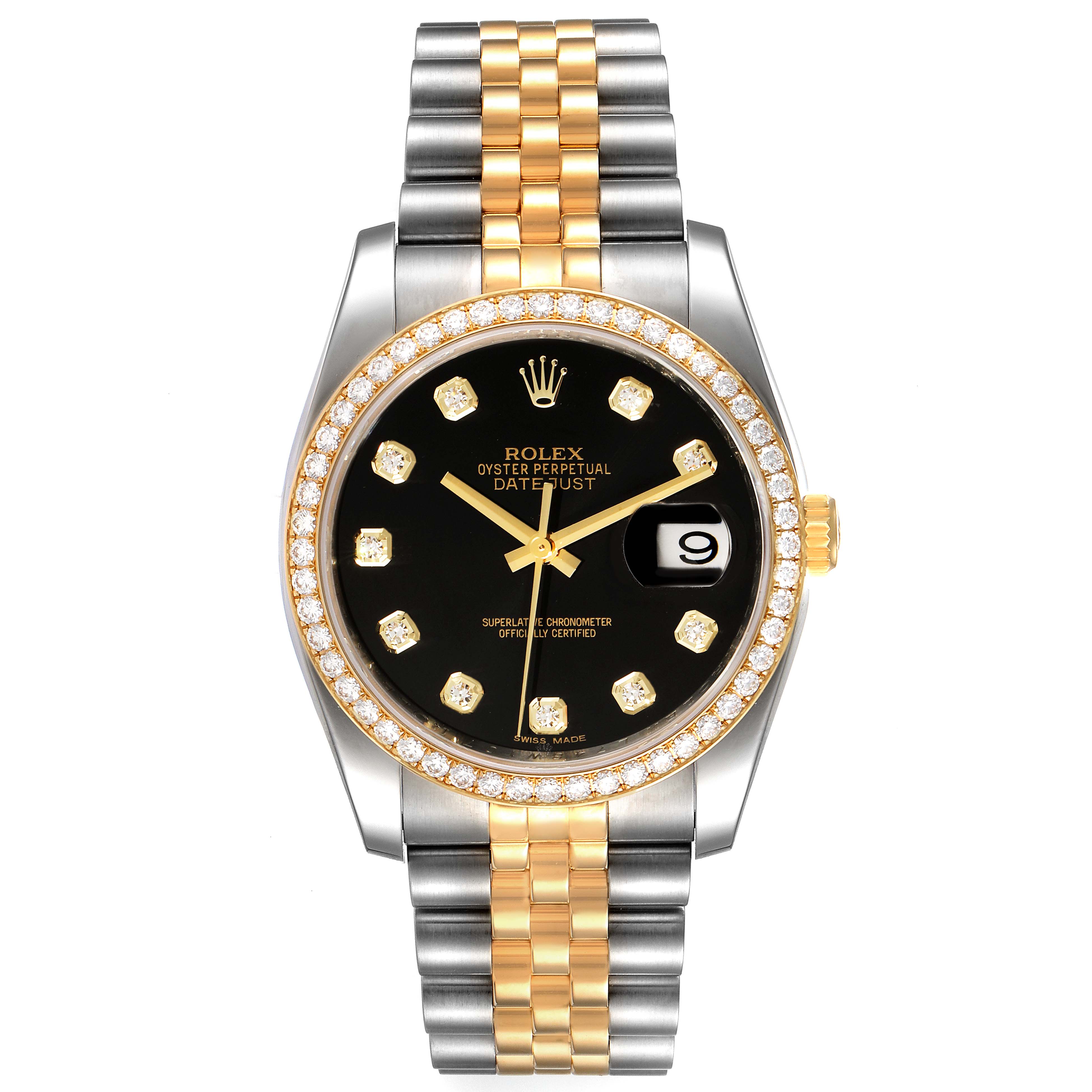 The Rolex Datejust 116243 Men's Steel and Gold (two tone) Black Dial 116243 Men's Steel and Gold (two tone) Black Dial watch is shown from the front, displaying the dial, bezel, crown, and two-tone bracelet.