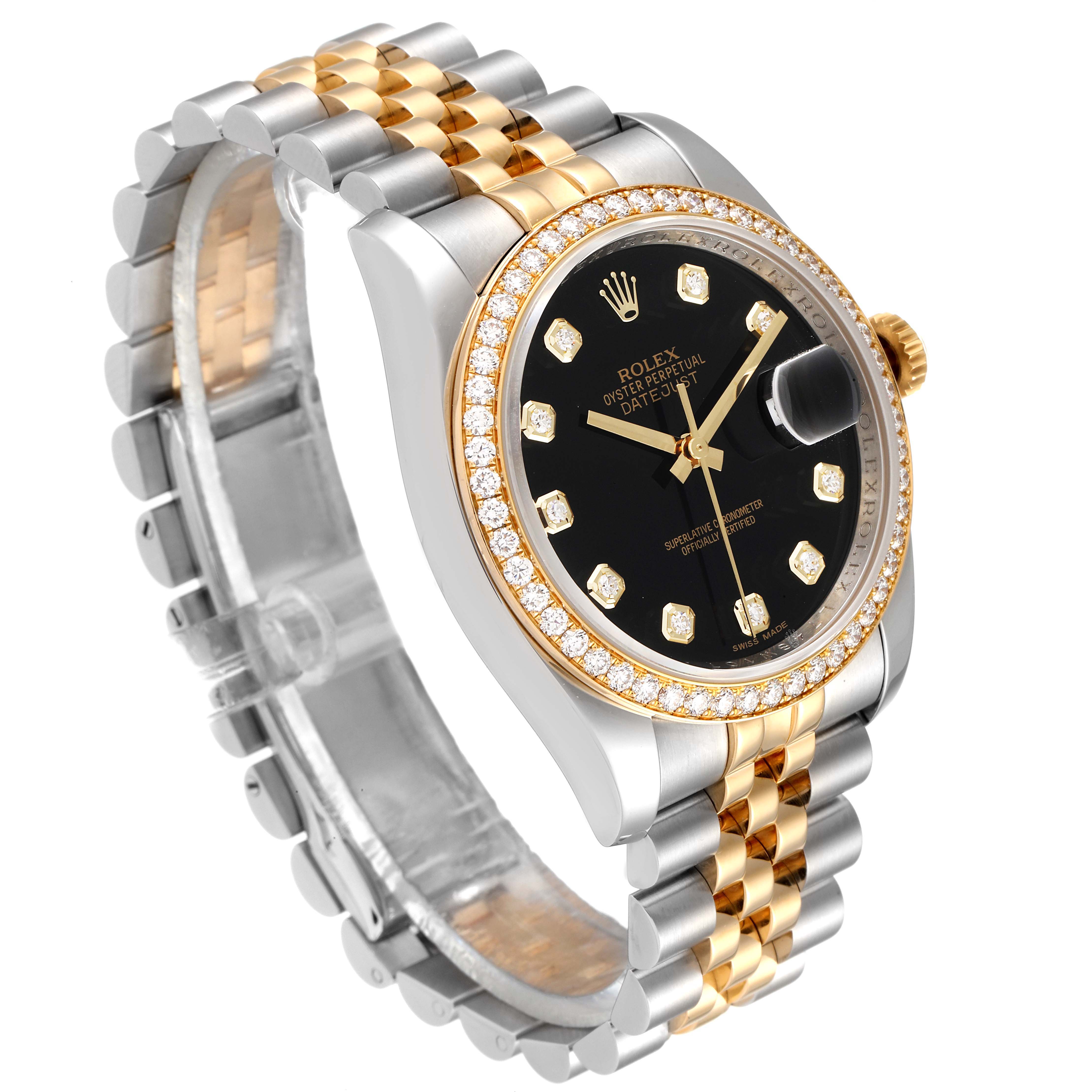 This image shows a Rolex Datejust 116243 Men's Steel and Gold (two tone) Black Dial 116243 Men's Steel and Gold (two tone) Black Dial watch from a three-quarter angle, highlighting its two-tone bracelet, diamond bezel, and black dial.