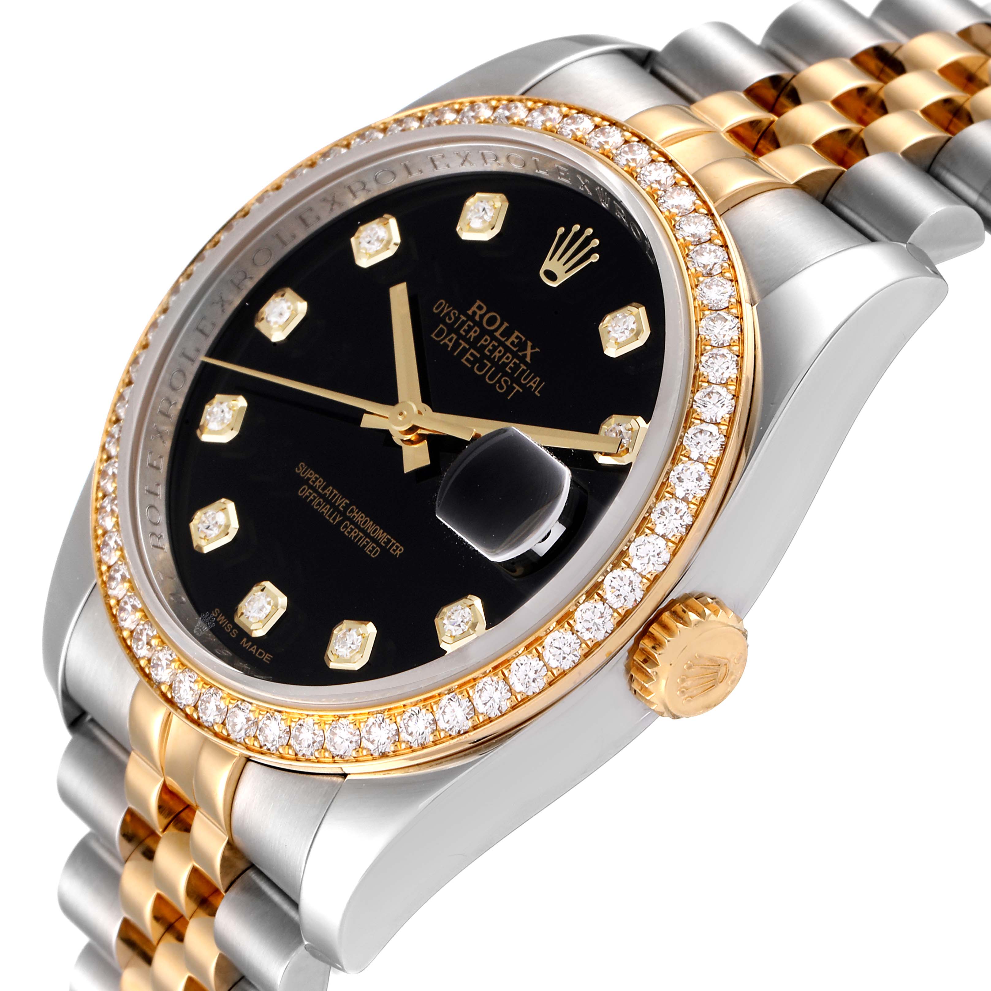 This image shows a close-up, angled view of the Rolex Datejust 116243 Men's Steel and Gold (two tone) Black Dial 116243 Men's Steel and Gold (two tone) Black Dial model, highlighting the black dial, diamond bezel, and two-tone bracelet.
