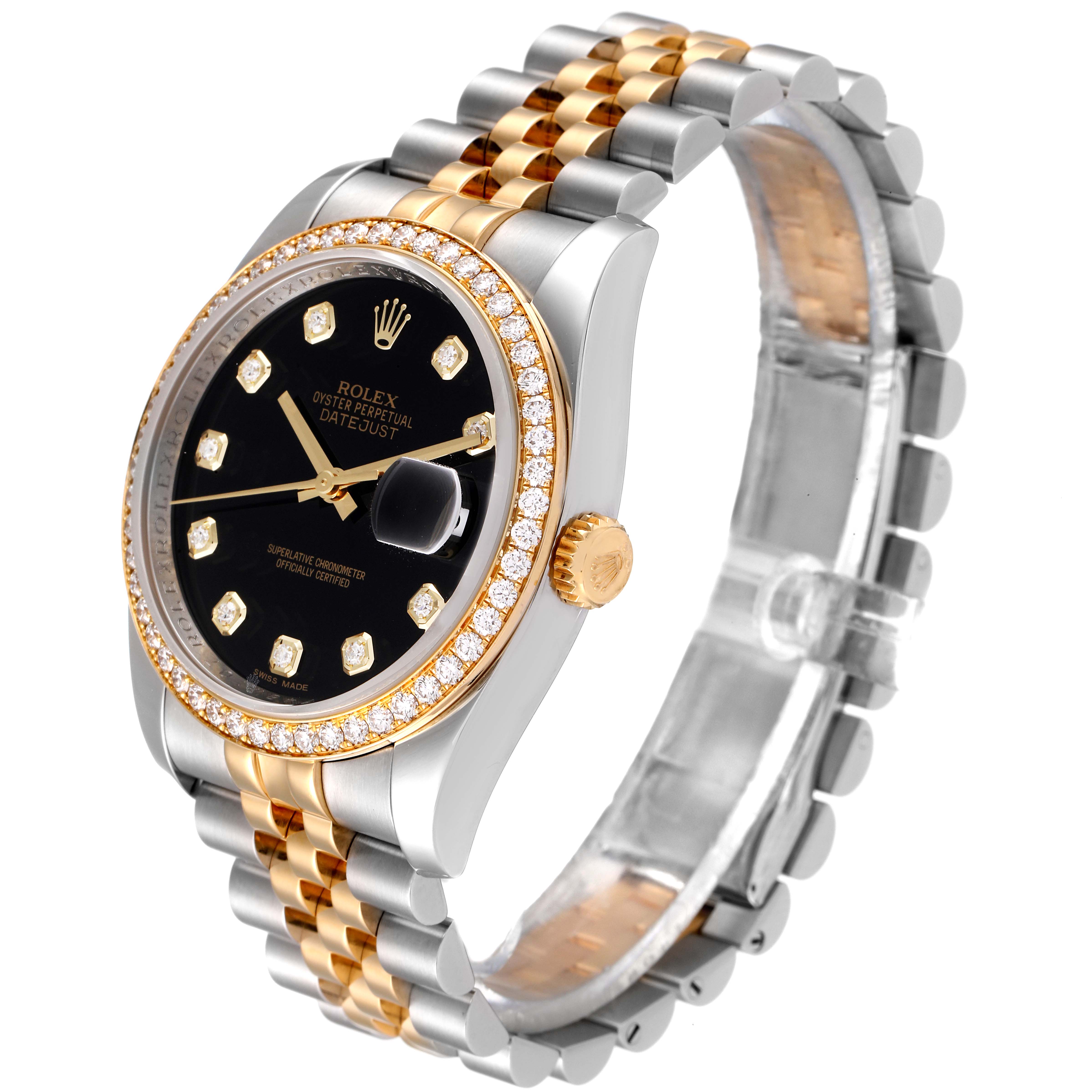 This Rolex Datejust 116243 Men's Steel and Gold (two tone) Black Dial 116243 Men's Steel and Gold (two tone) Black Dial watch is shown at an angle revealing the front face, dial, crown, and partially the band.