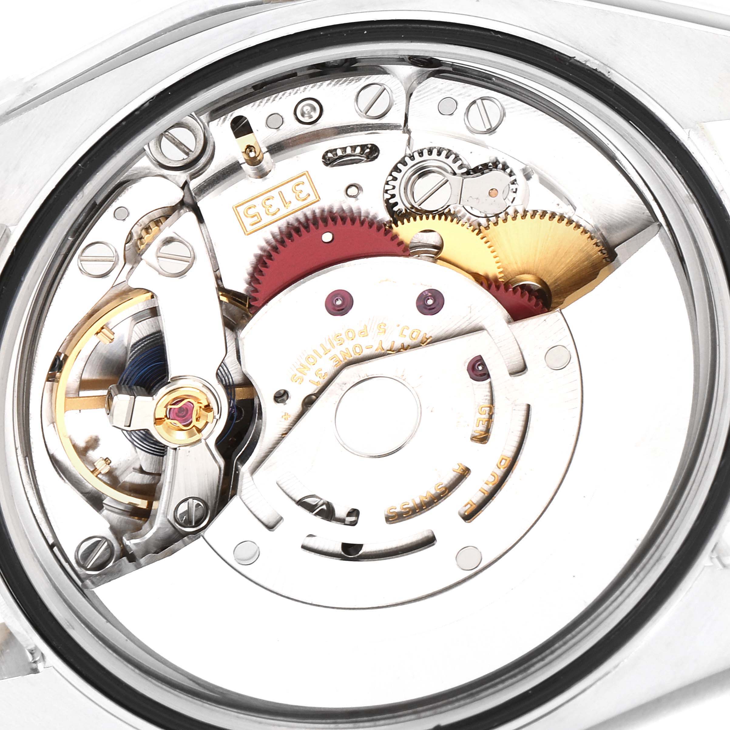 The image shows an internal view of the Rolex Datejust 116243 Men's Steel and Gold (two tone) Black Dial 116243 Men's Steel and Gold (two tone) Black Dial watch mechanism from the back.