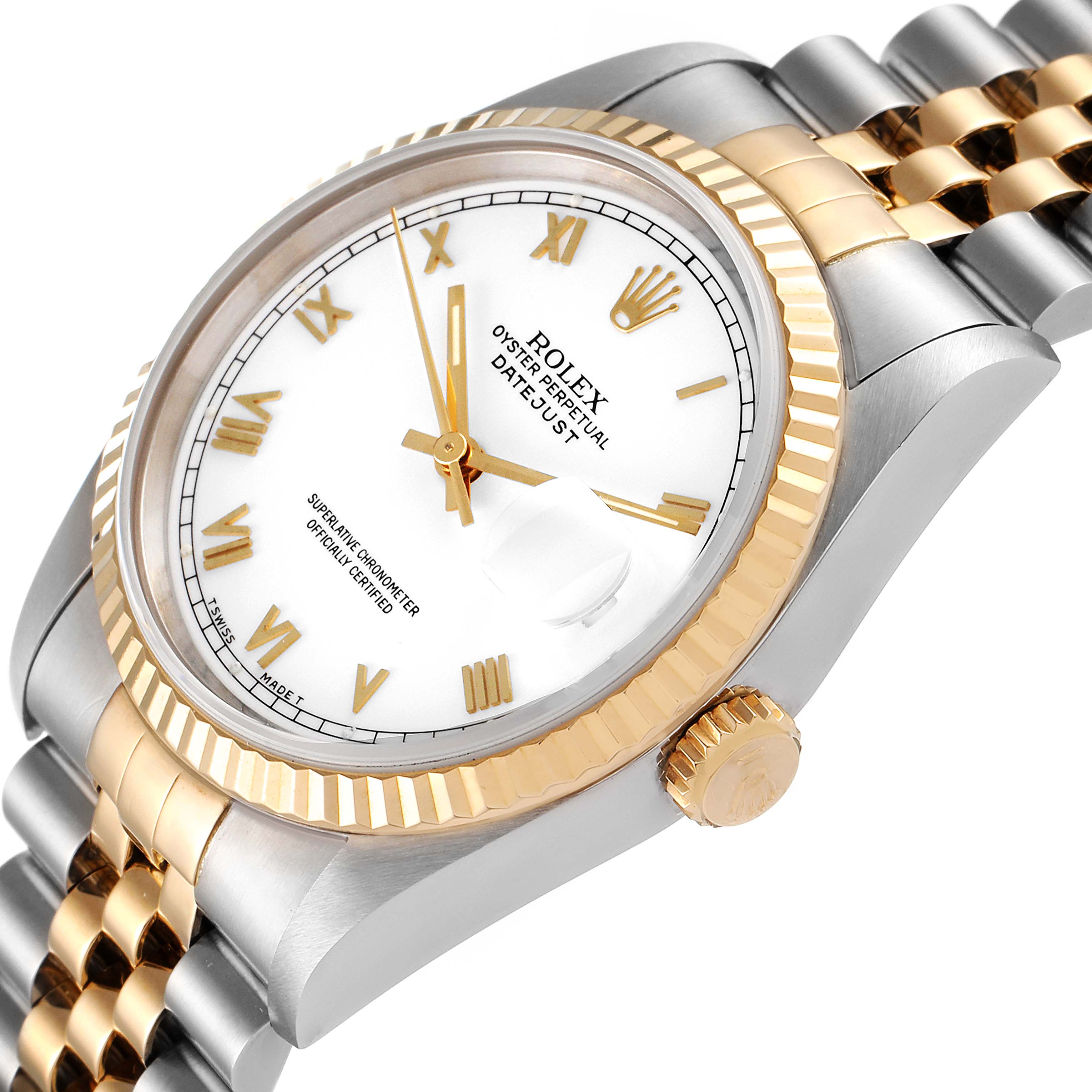 This image shows a Rolex Datejust 16233 Men's Steel and Gold (two tone) White Dial 16233 Men's Steel and Gold (two tone) White Dial watch from a three-quarter angle, emphasizing its dial, bezel, and part of the bracelet.
