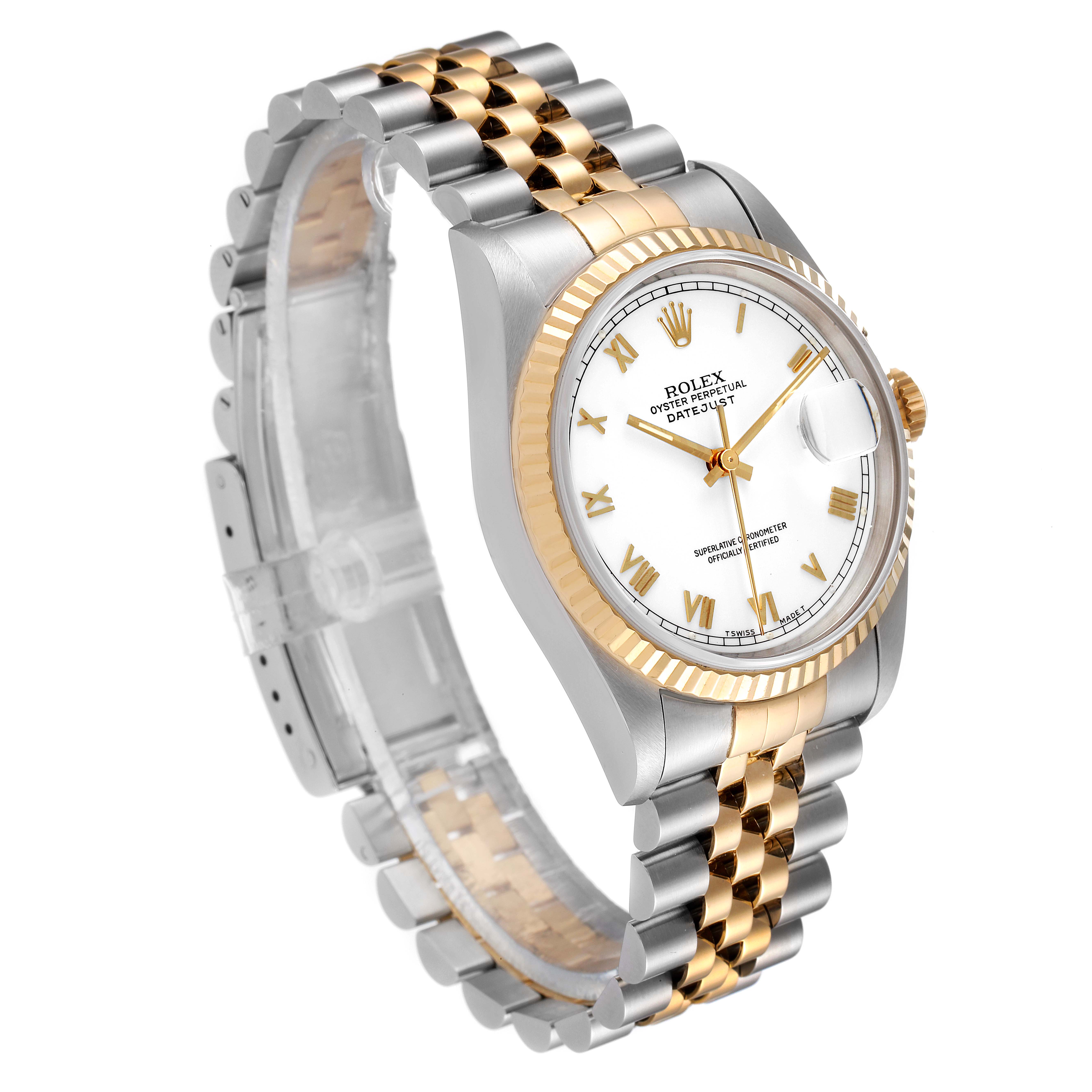 The Rolex Datejust 16233 Men's Steel and Gold (two tone) White Dial 16233 Men's Steel and Gold (two tone) White Dial watch is shown at an angled view, highlighting its two-tone bracelet, fluted bezel, and white dial with Roman numerals.