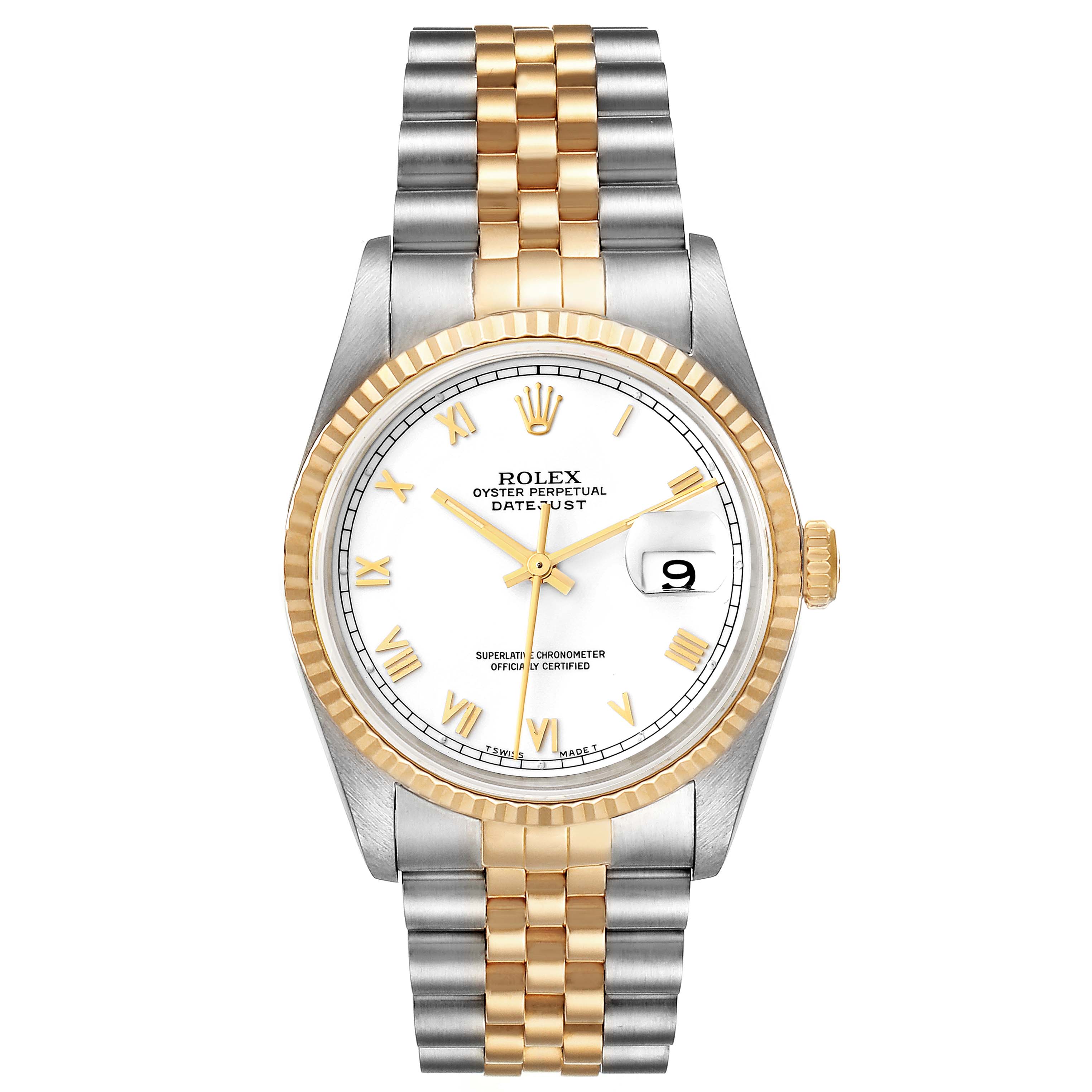 This image shows the Rolex Datejust 16233 Men's Steel and Gold (two tone) White Dial 16233 Men's Steel and Gold (two tone) White Dial watch from a straight-on angle, displaying the dial, bezel, and bracelet.