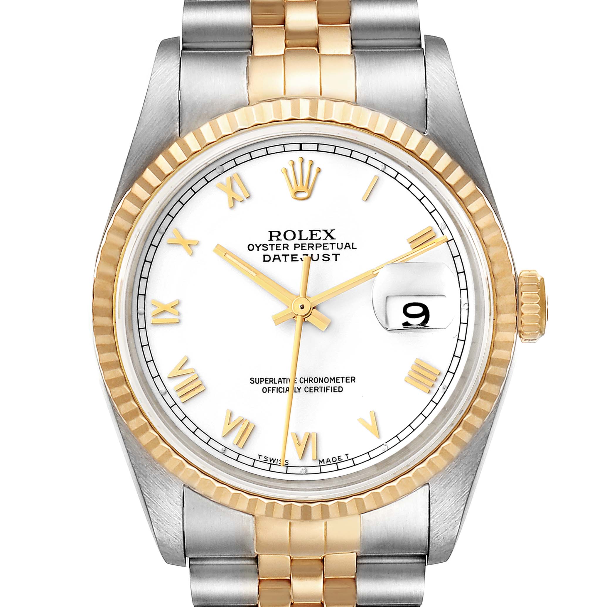 The image shows a front view of a Rolex Datejust 16233 Men's Steel and Gold (two tone) White Dial 16233 Men's Steel and Gold (two tone) White Dial watch, highlighting the face, bezel, crown, and part of the bracelet.