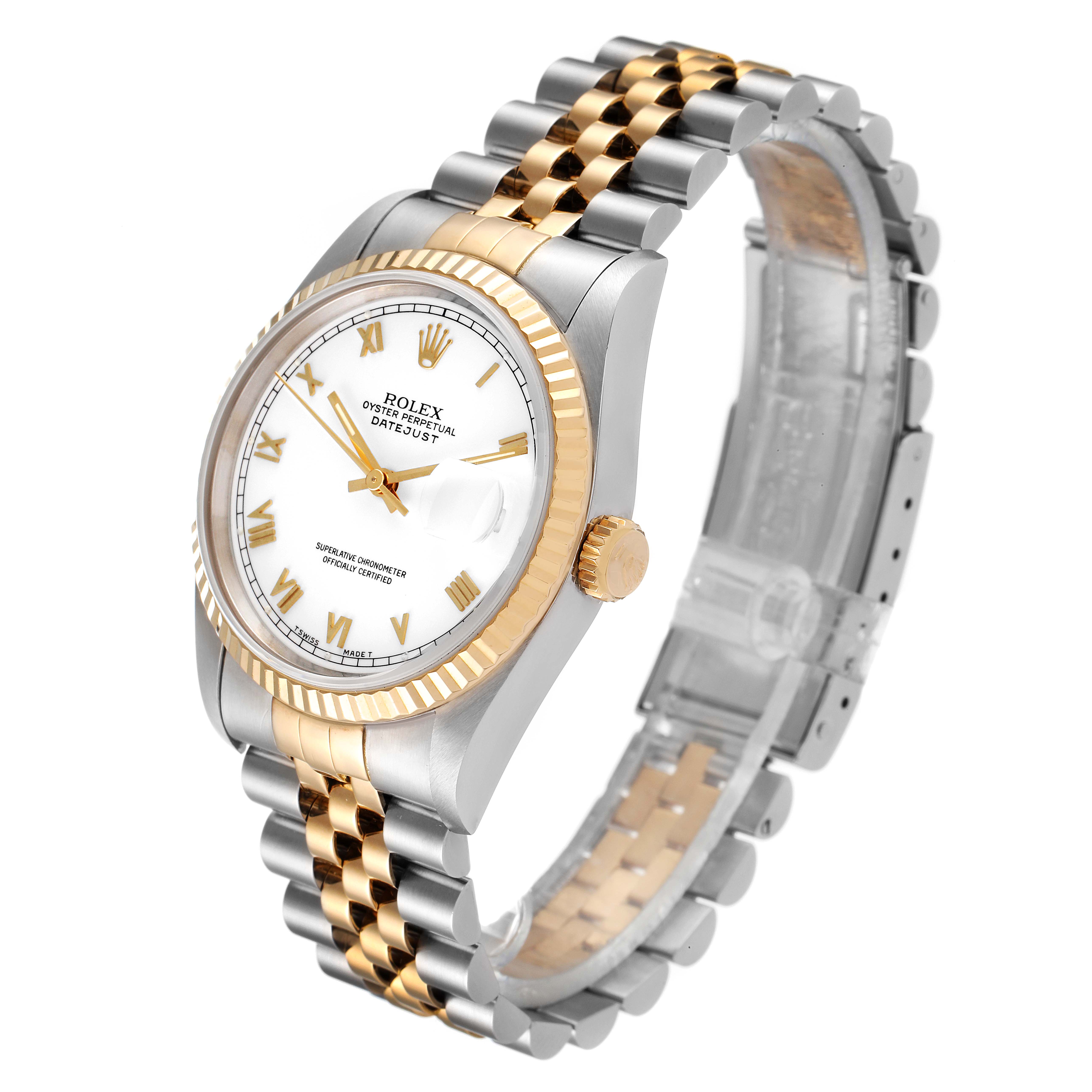 The Rolex Datejust 16233 Men's Steel and Gold (two tone) White Dial 16233 Men's Steel and Gold (two tone) White Dial watch is shown at a three-quarter angle, highlighting its two-tone bracelet, fluted bezel, and white dial.