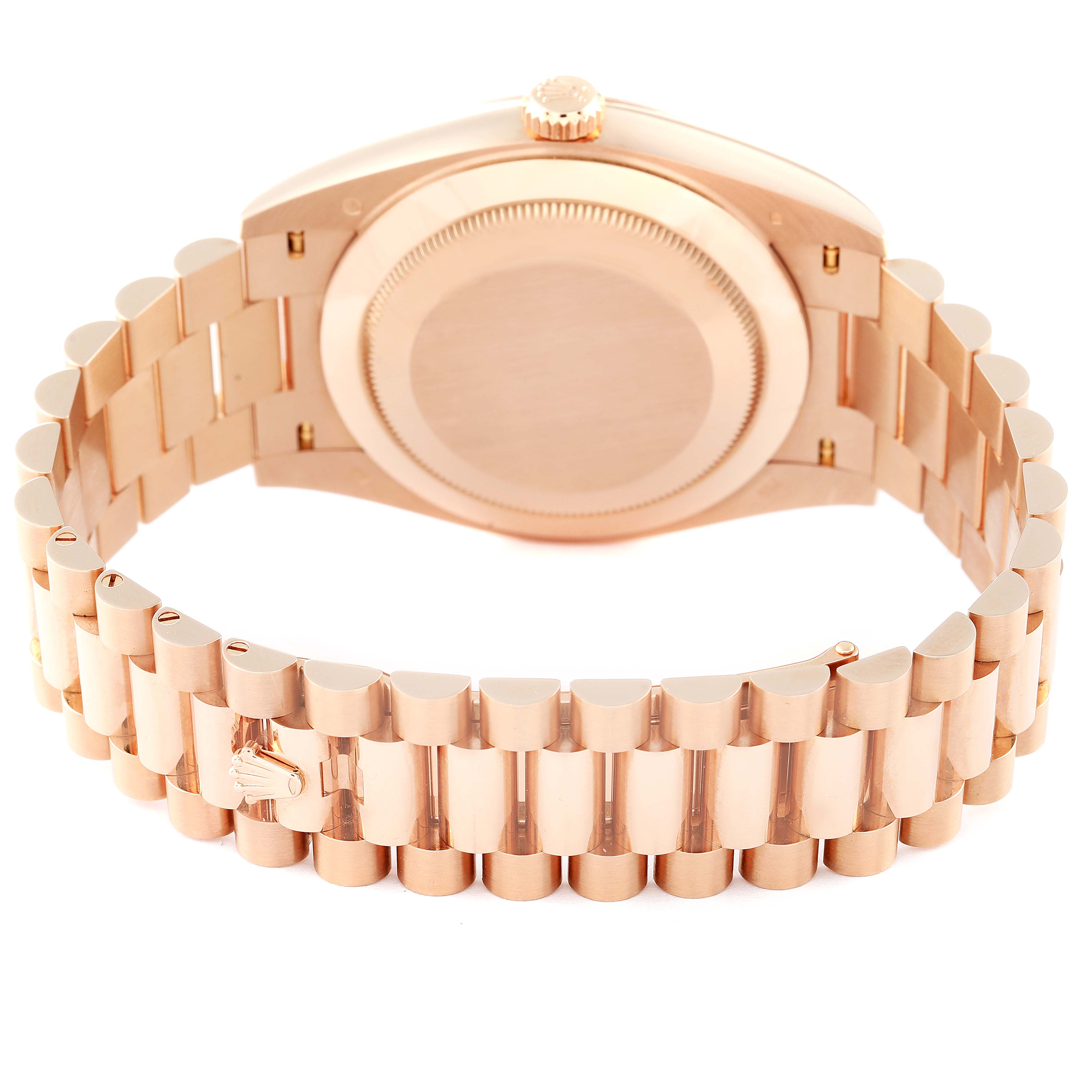 The image shows the back case and bracelet of a Rolex President 228235 Men's Rose Gold White Dial 228235 Men's Rose Gold White Dial model watch, viewed from the rear angle.