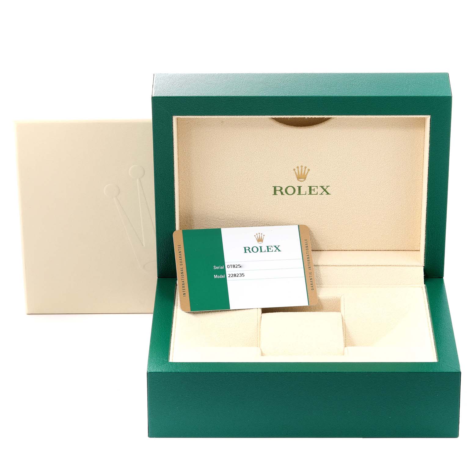 This image shows the packaging of a Rolex President 228235 Men's Rose Gold White Dial 228235 Men's Rose Gold White Dial model watch, including the box and warranty card.