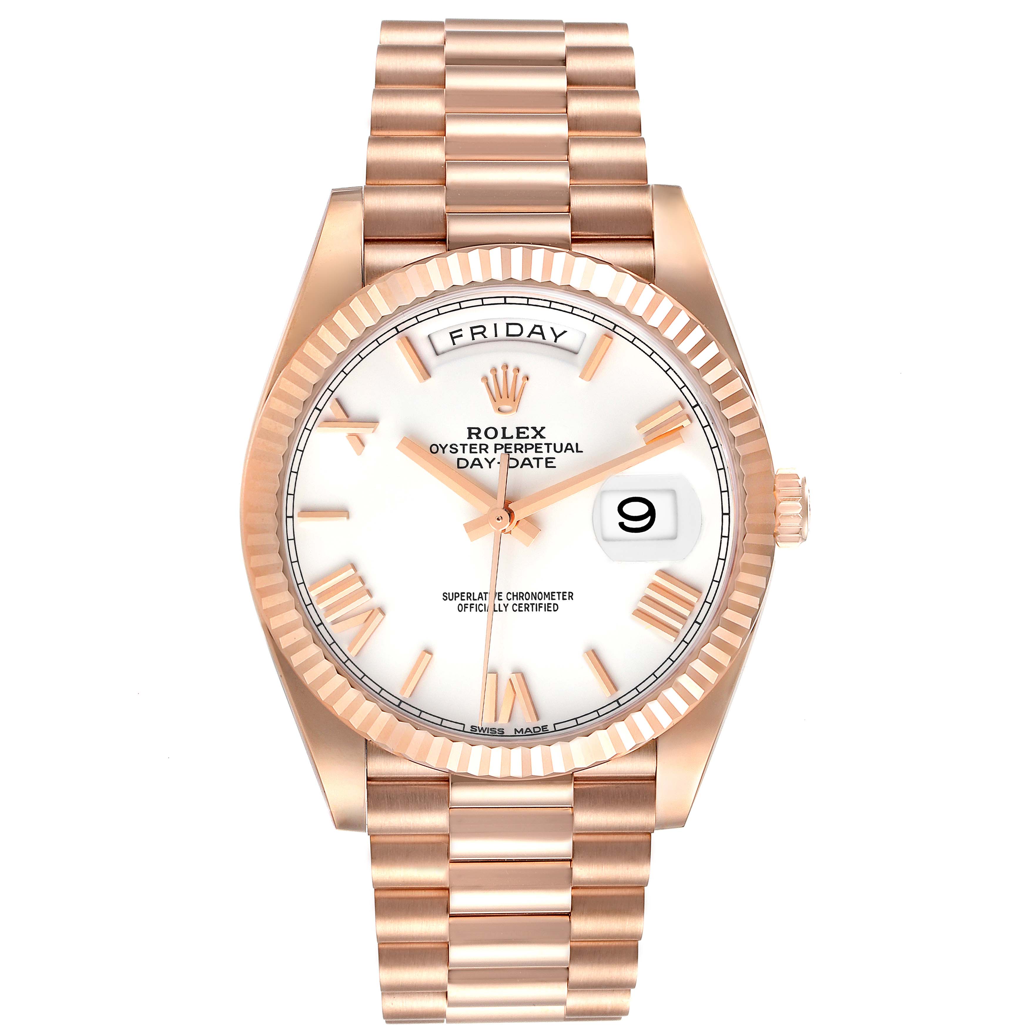 The image shows a front view of the Rolex President 228235 Men's Rose Gold White Dial 228235 Men's Rose Gold White Dial model watch, highlighting its dial, bracelet, and crown.
