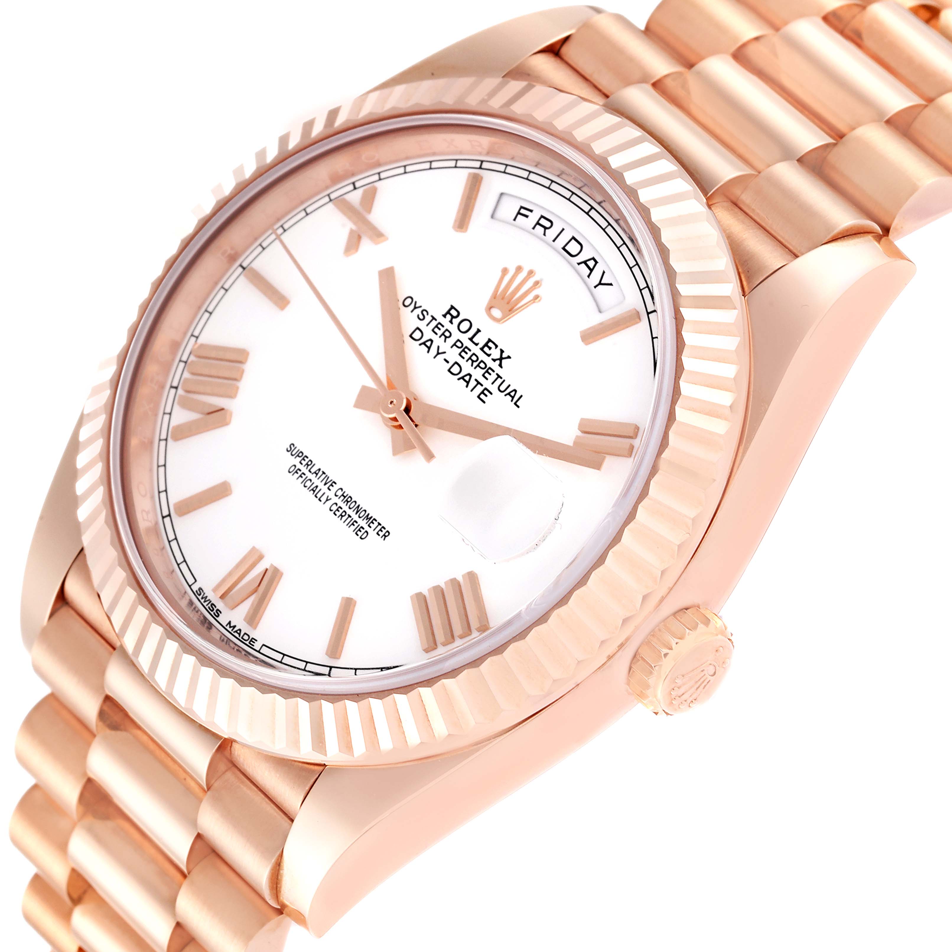 This Rolex President 228235 Men's Rose Gold White Dial 228235 Men's Rose Gold White Dial model watch is shown at a slight angle, highlighting the face, bezel, and part of the bracelet.