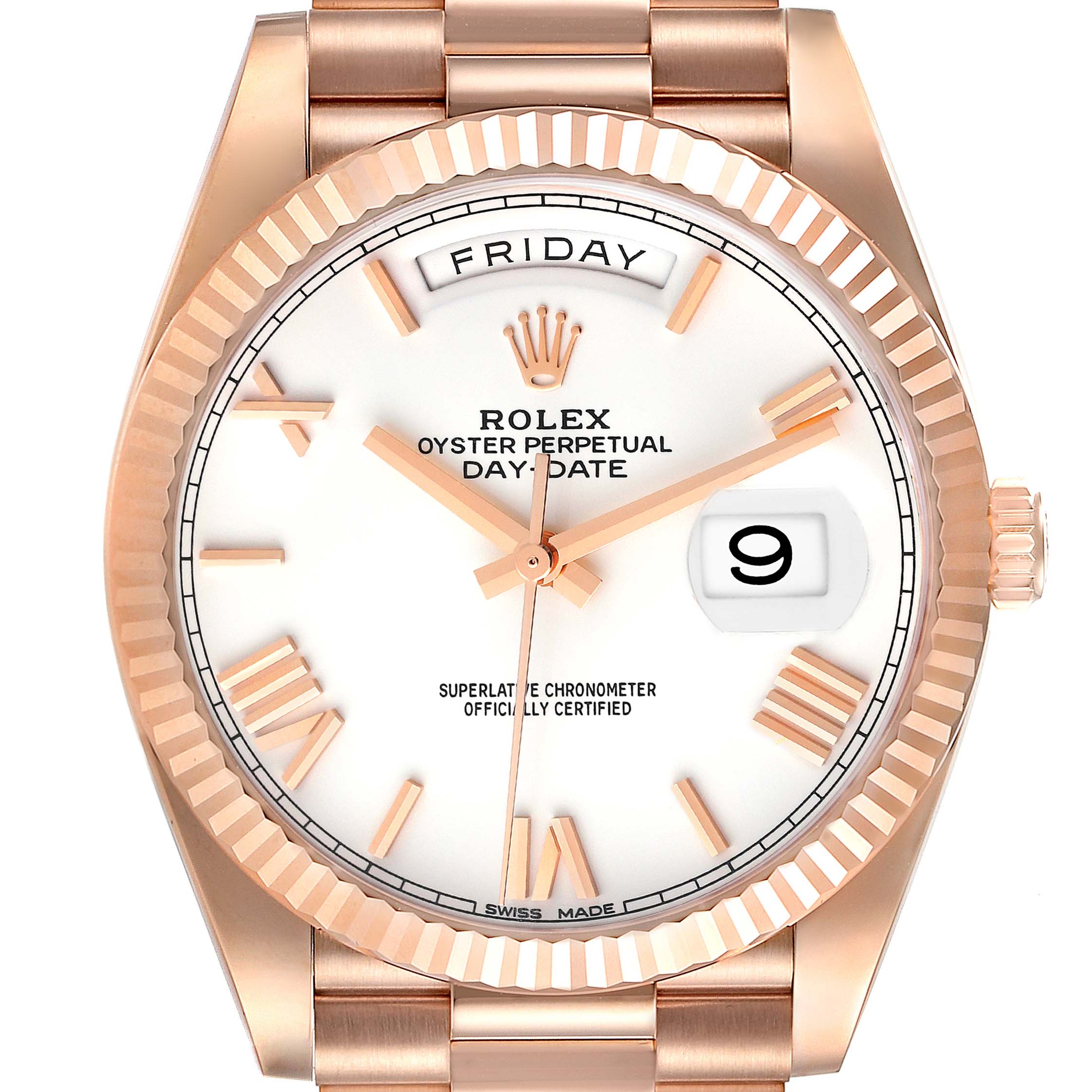 This image shows the dial and part of the band of the Rolex President 228235 Men's Rose Gold White Dial 228235 Men's Rose Gold White Dial model watch with a focus on the day and date display.