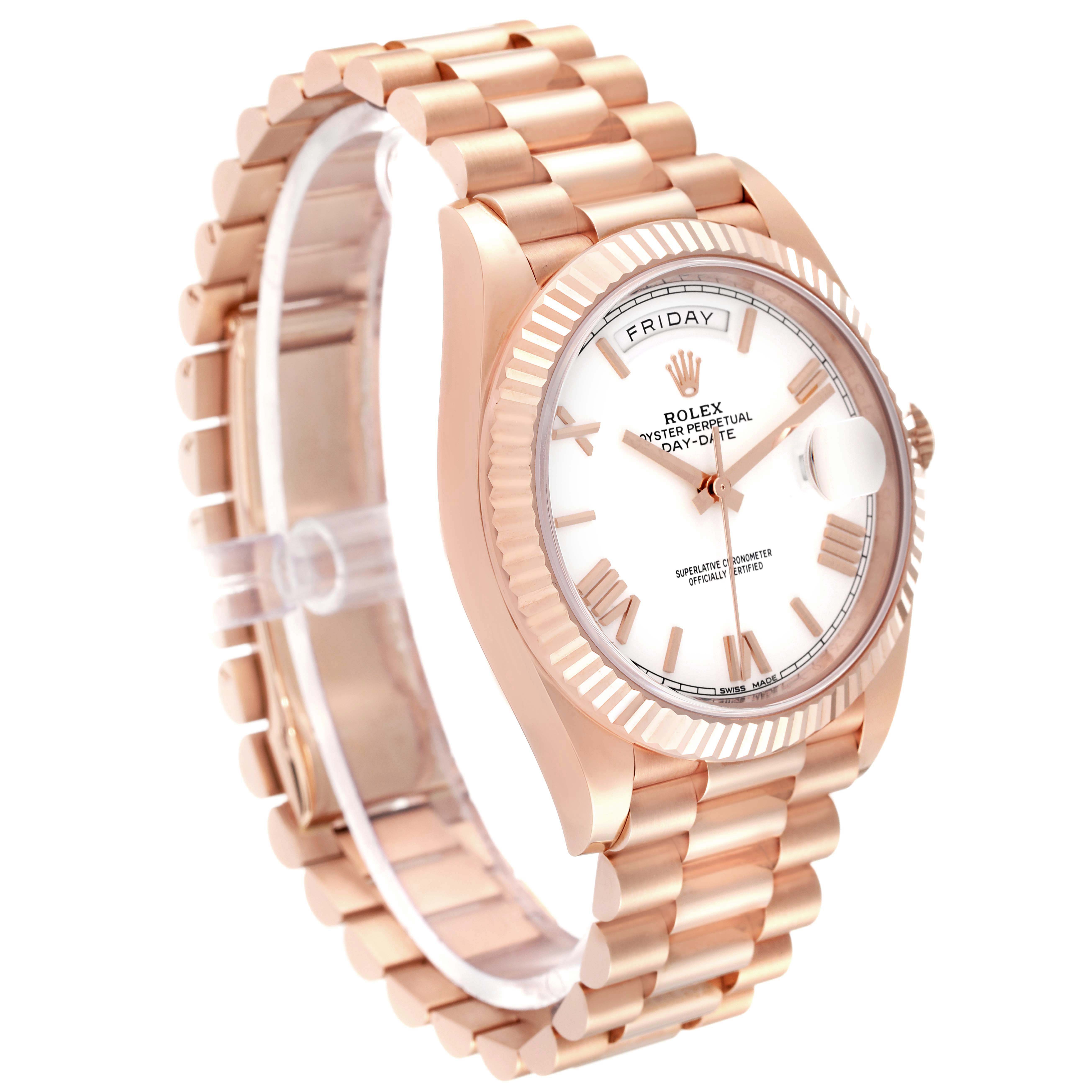 The image shows a side angle of a Rolex President 228235 Men's Rose Gold White Dial 228235 Men's Rose Gold White Dial model watch, highlighting its rose gold case, bracelet, and white dial.