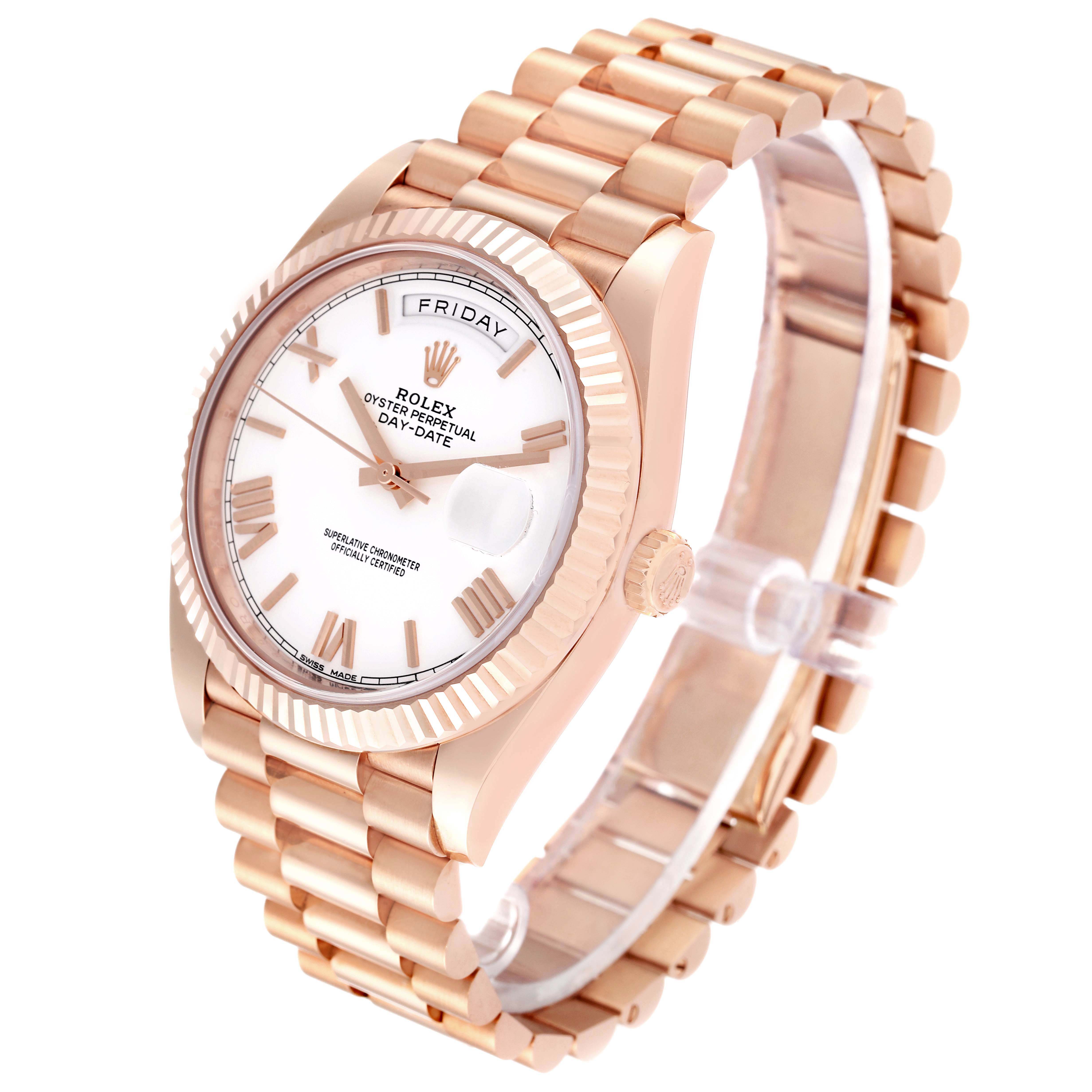 This image shows a Rolex President 228235 Men's Rose Gold White Dial 228235 Men's Rose Gold White Dial model watch at a slight angle, displaying its dial, bracelet, and crown.