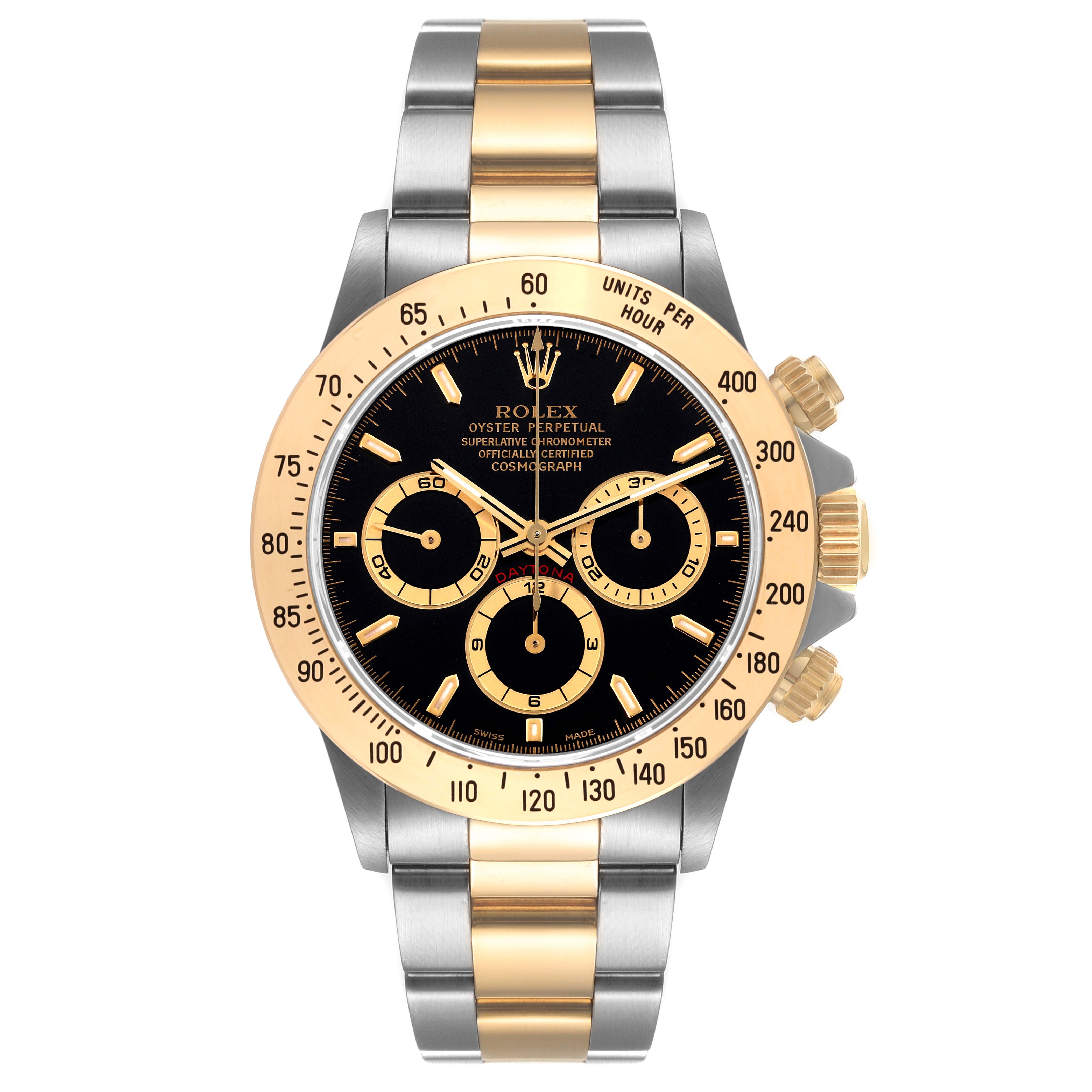 This Rolex Daytona 16523 Men's Steel and Gold (two tone) Black Dial 16523 Men's Steel and Gold (two tone) Black Dial watch is shown from a front angle, highlighting the dial, bezel, and two-tone bracelet.