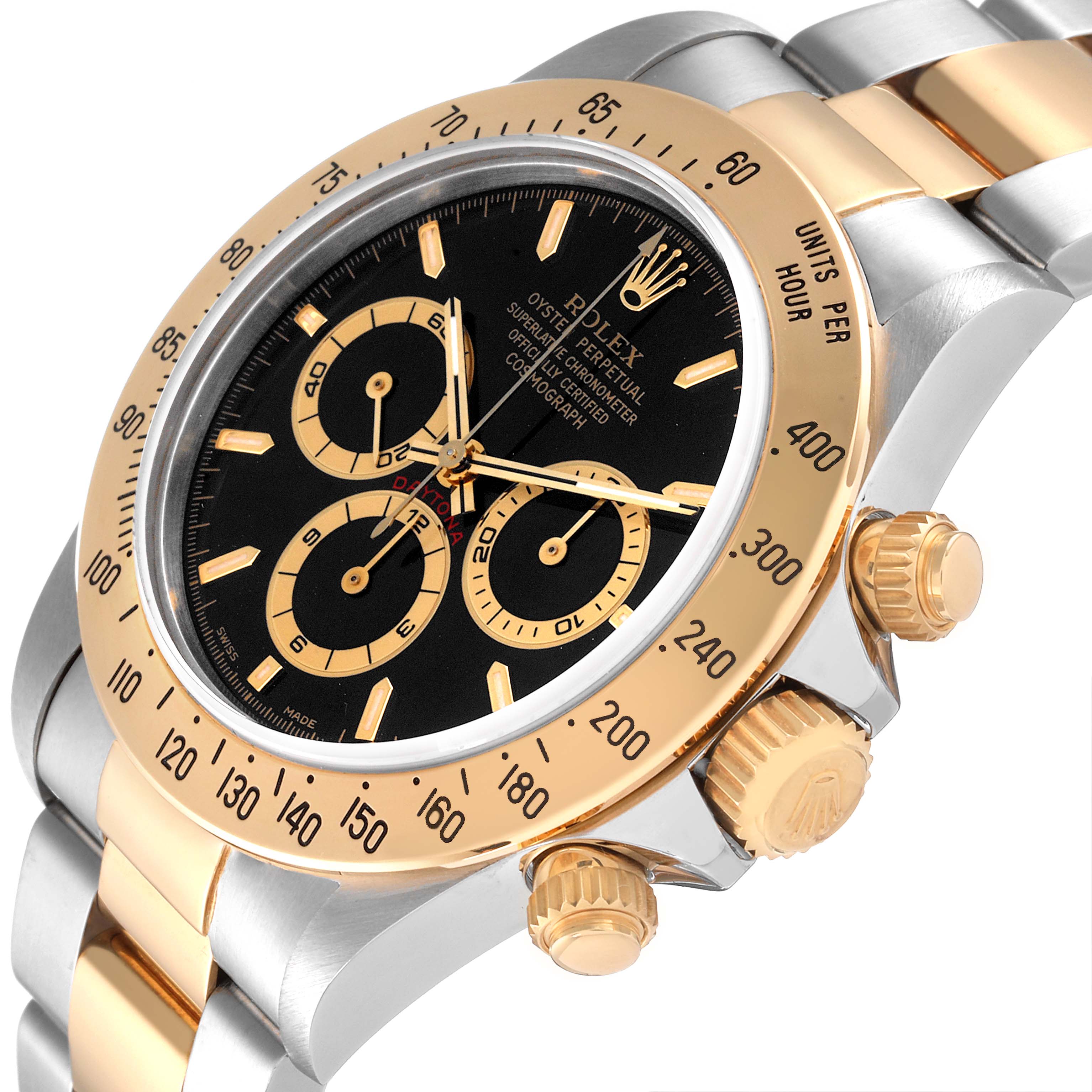 This image shows a Rolex Daytona 16523 Men's Steel and Gold (two tone) Black Dial 16523 Men's Steel and Gold (two tone) Black Dial model watch at an angled view, highlighting its bezel, dial, crown, and bracelet.