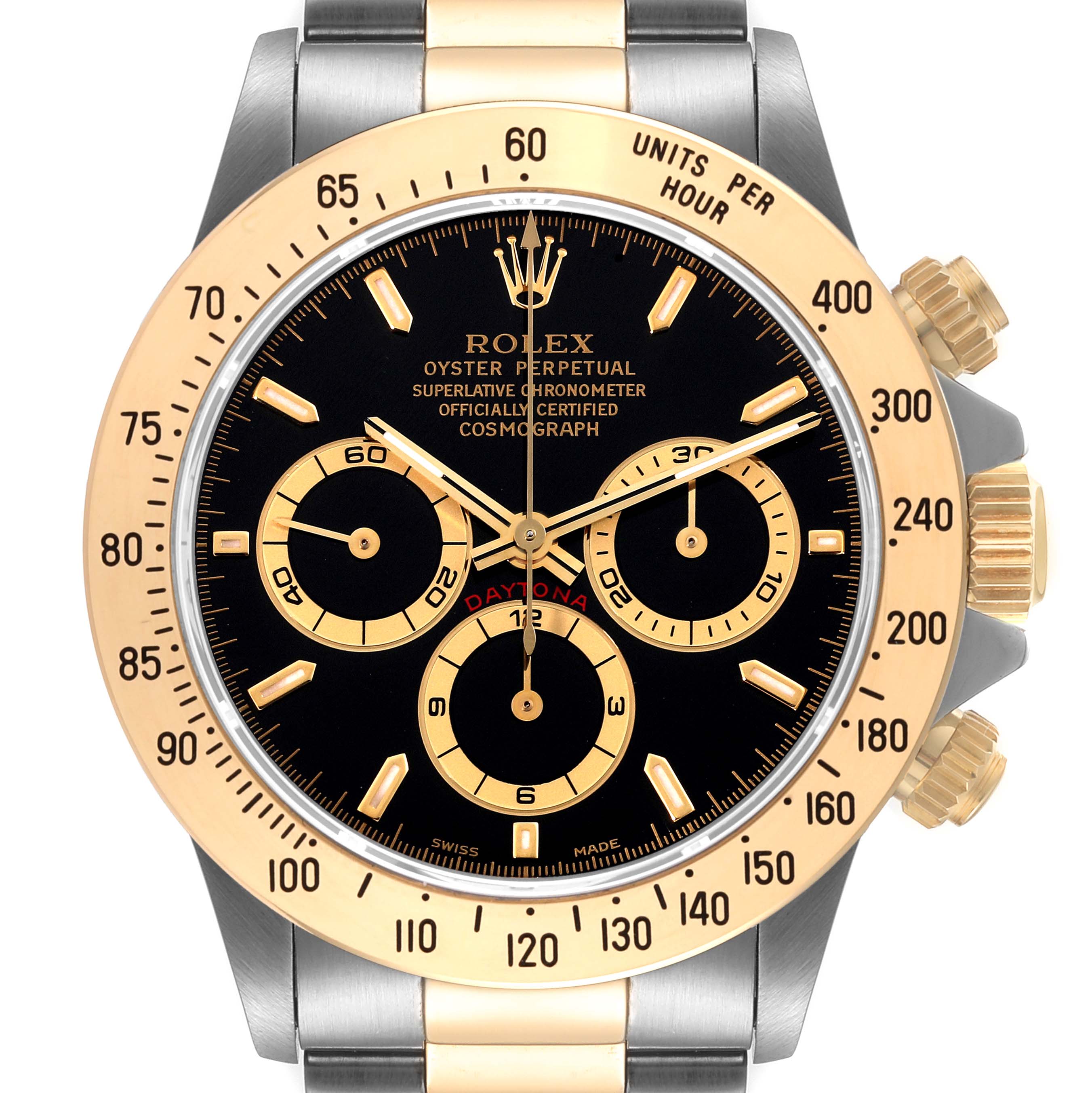 This is a close-up front view of a Rolex Daytona 16523 Men's Steel and Gold (two tone) Black Dial 16523 Men's Steel and Gold (two tone) Black Dial watch, showcasing its black dial, gold bezels, and pushers.