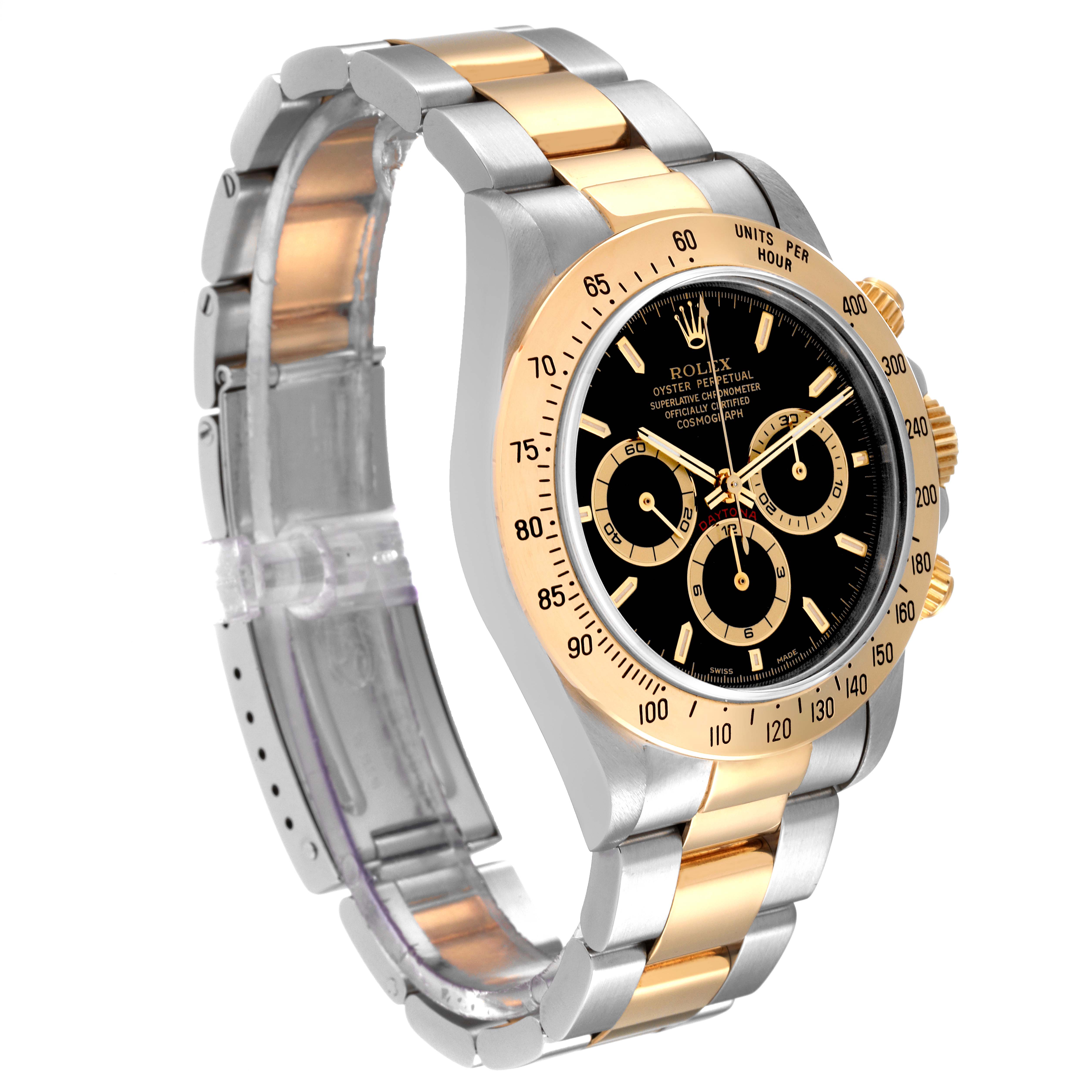 This Rolex Daytona 16523 Men's Steel and Gold (two tone) Black Dial 16523 Men's Steel and Gold (two tone) Black Dial watch is shown at an angled side view, displaying its two-tone bracelet, bezel, and chronograph dials.
