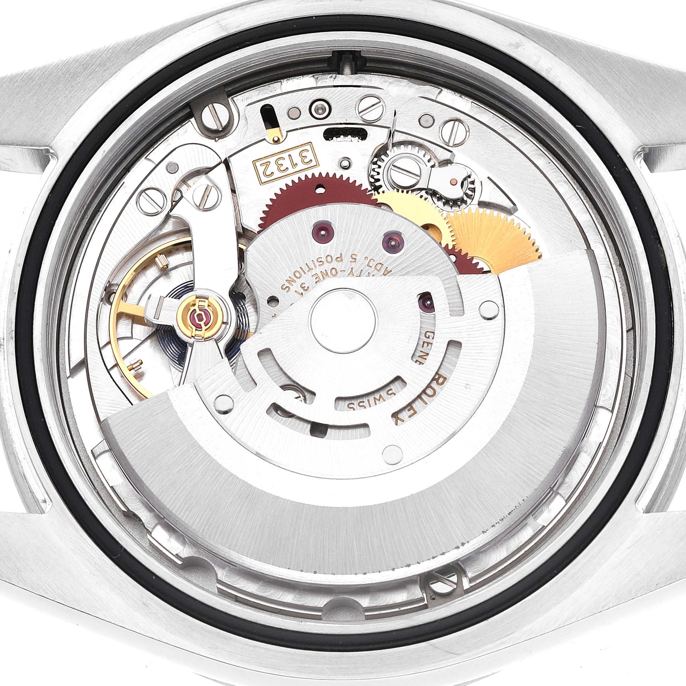 This image shows an angled view of the exposed movement of a Rolex Explorer 214270 Men
s Stainless Steel Black Dial 214270 Men
s Stainless Steel Black Dial model watch.