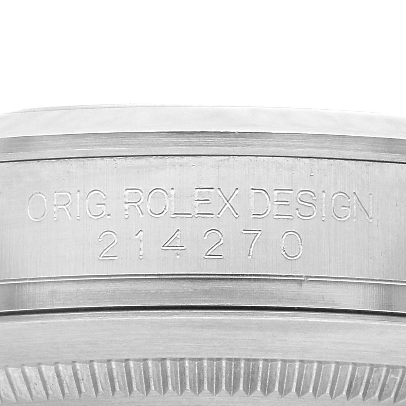 The image shows the case side of the Rolex Explorer 214270 Men
s Stainless Steel Black Dial 214270 Men
s Stainless Steel Black Dial watch, focusing on the engraved model number "214270".