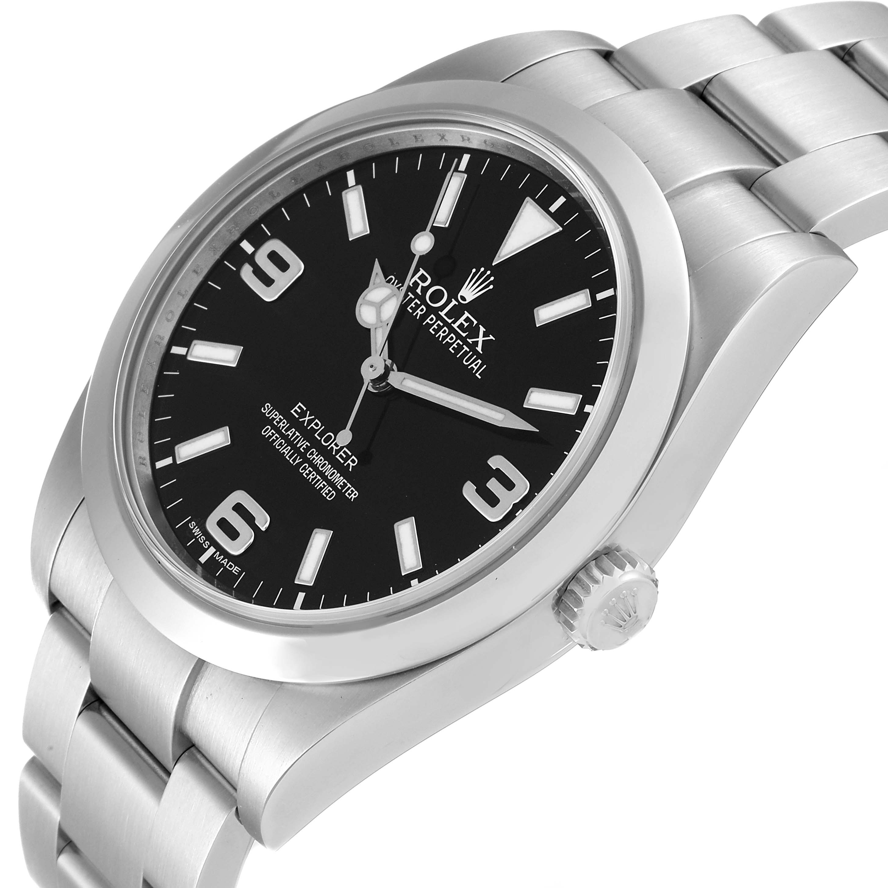The image shows a Rolex Explorer 214270 Men
s Stainless Steel Black Dial 214270 Men
s Stainless Steel Black Dial watch at a slightly tilted angle, displaying the face, crown, and stainless steel bracelet.