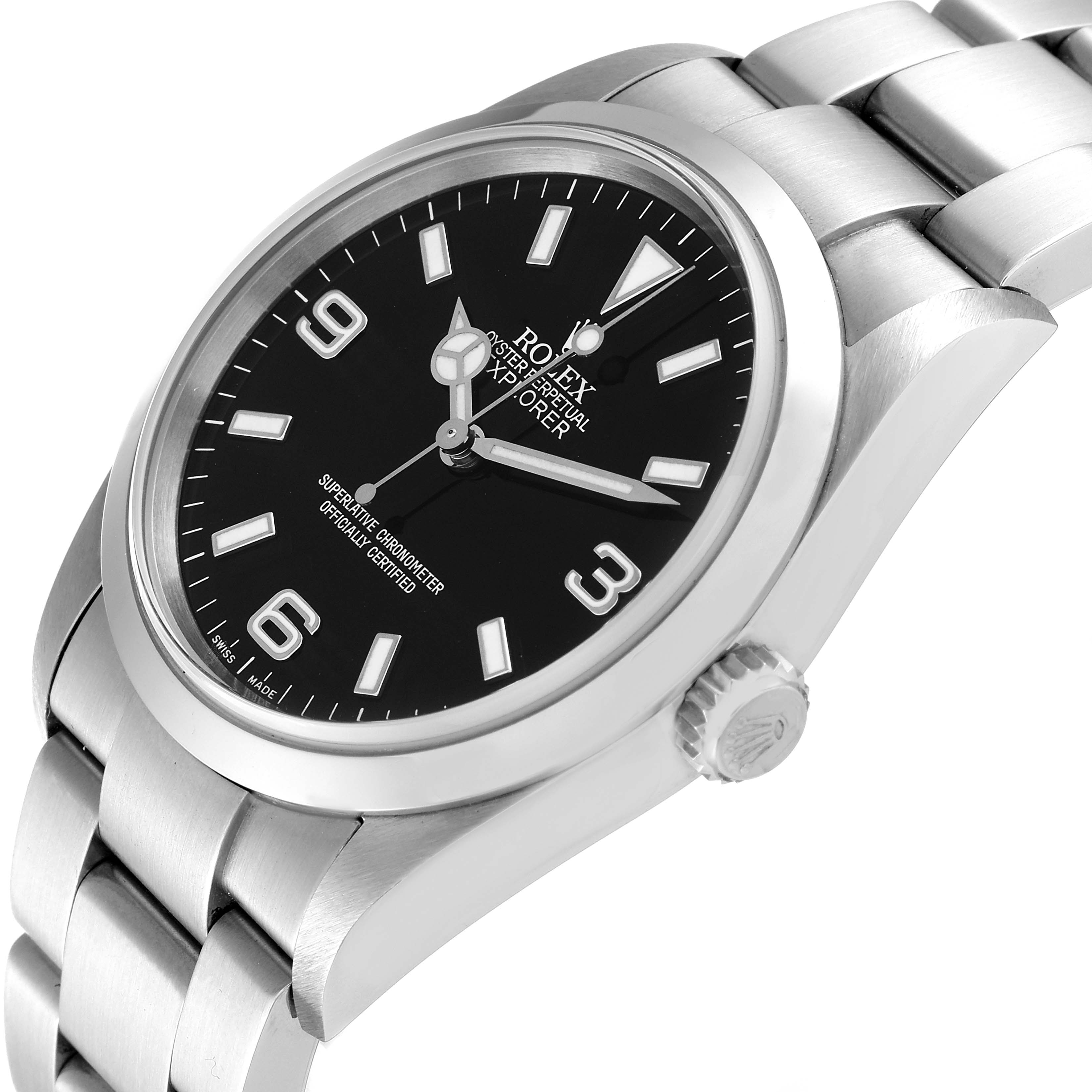 The image shows a Rolex Explorer 114270 Men
s Stainless Steel Black Dial 114270 Men
s Stainless Steel Black Dial watch at a three-quarter angle, highlighting the dial, bezel, crown, and bracelet.