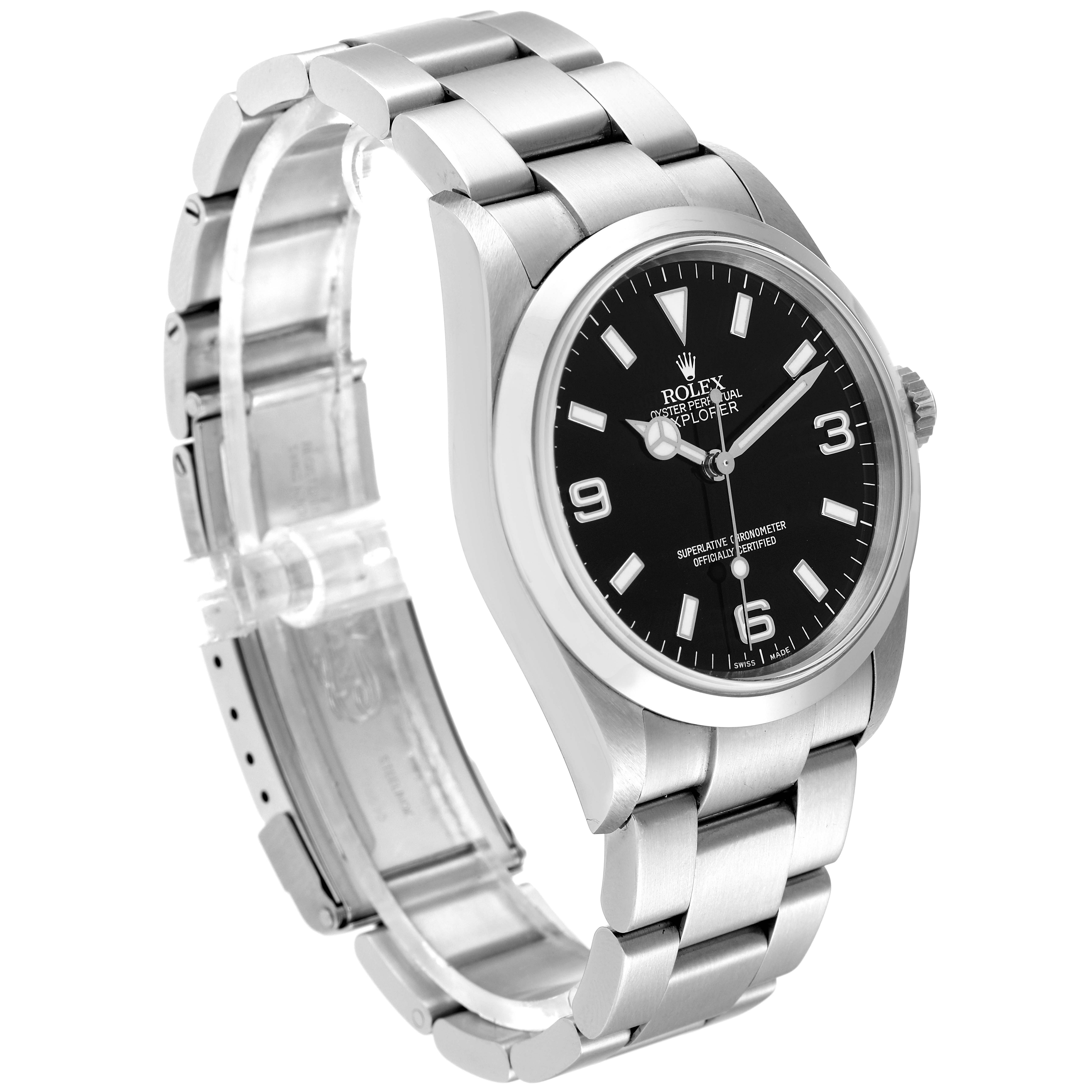 This image shows a Rolex Explorer 114270 Men
s Stainless Steel Black Dial 114270 Men
s Stainless Steel Black Dial model watch from a left-front angle, highlighting the watch face, band, and crown.