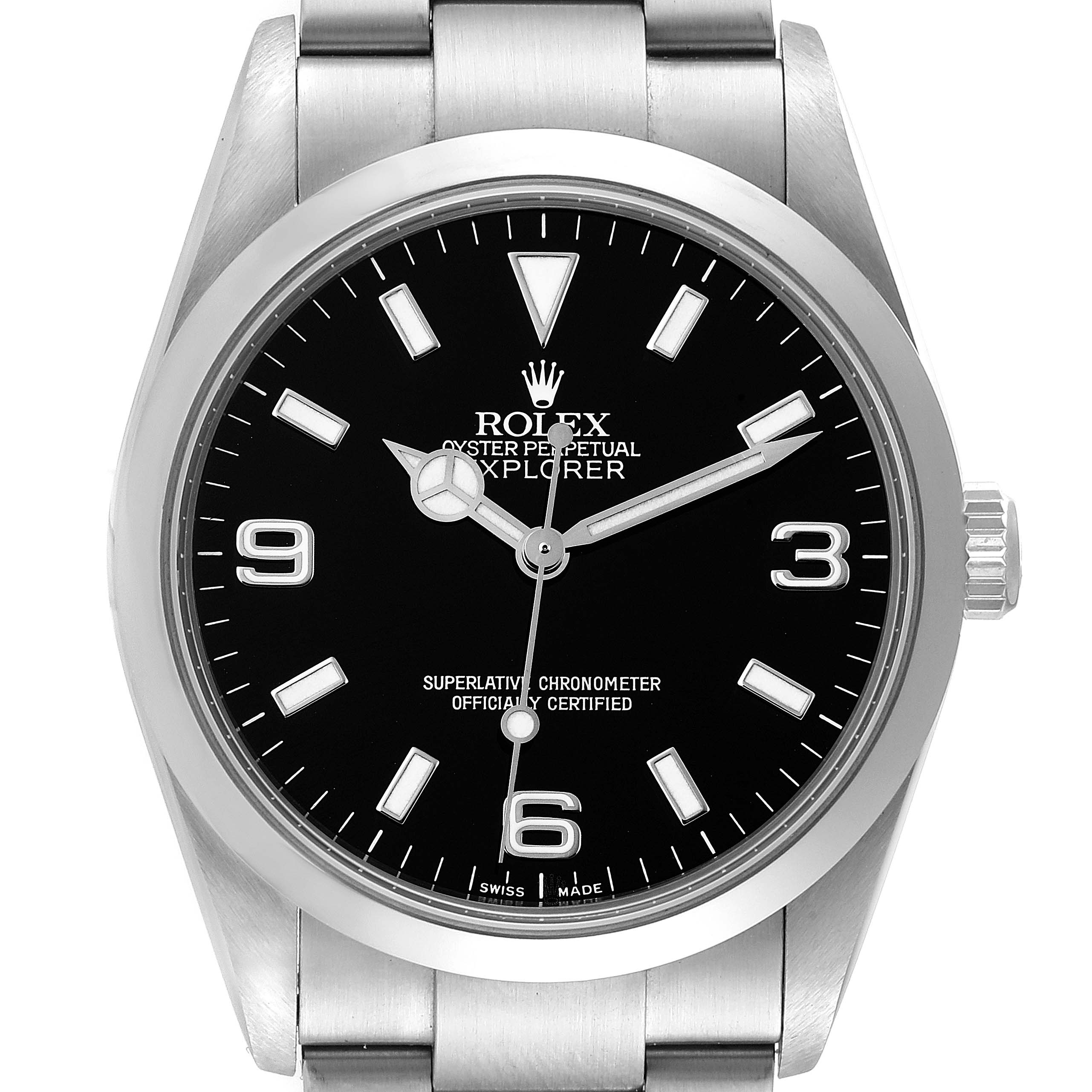 This image shows a front view of the Rolex Explorer 114270 Men
s Stainless Steel Black Dial 114270 Men
s Stainless Steel Black Dial watch, featuring its dial, hands, and part of the bracelet.