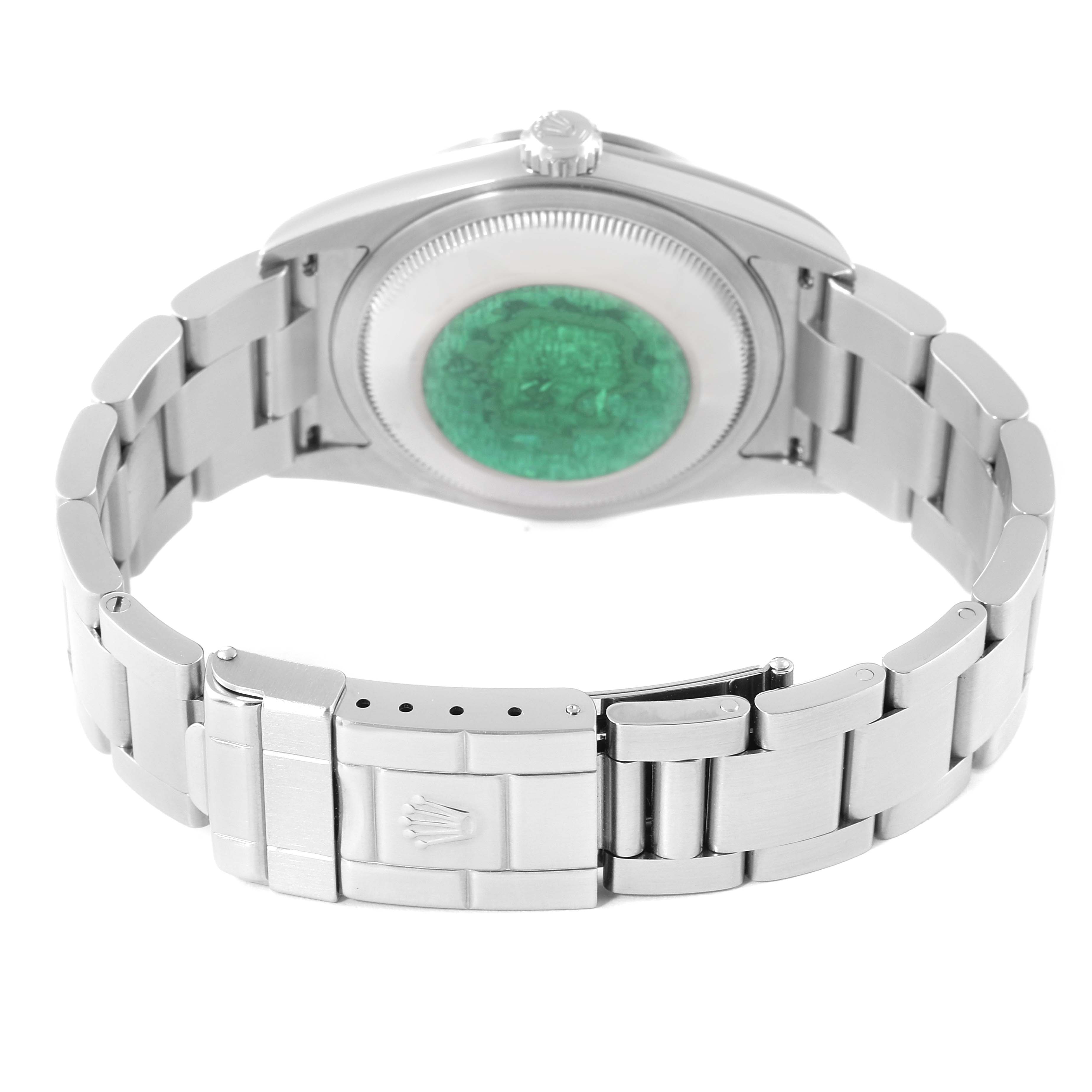 The image shows the back view of a Rolex Explorer 114270 Men
s Stainless Steel Black Dial 114270 Men
s Stainless Steel Black Dial watch, highlighting its clasp, bracelet, and case back.