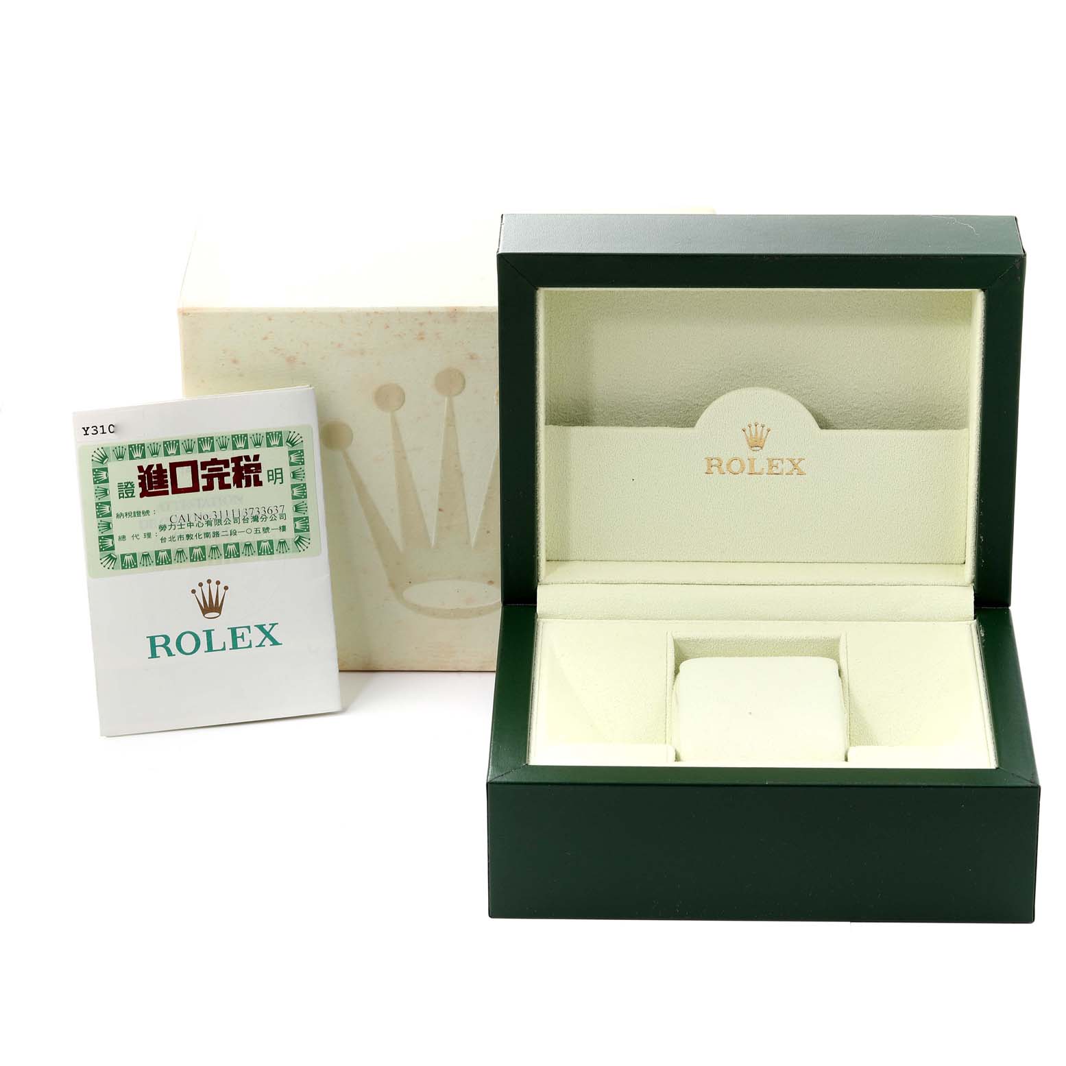 This image shows an open Rolex Explorer 114270 Men
s Stainless Steel Black Dial 114270 Men
s Stainless Steel Black Dial watch box and accompanying paperwork from a front angle view.