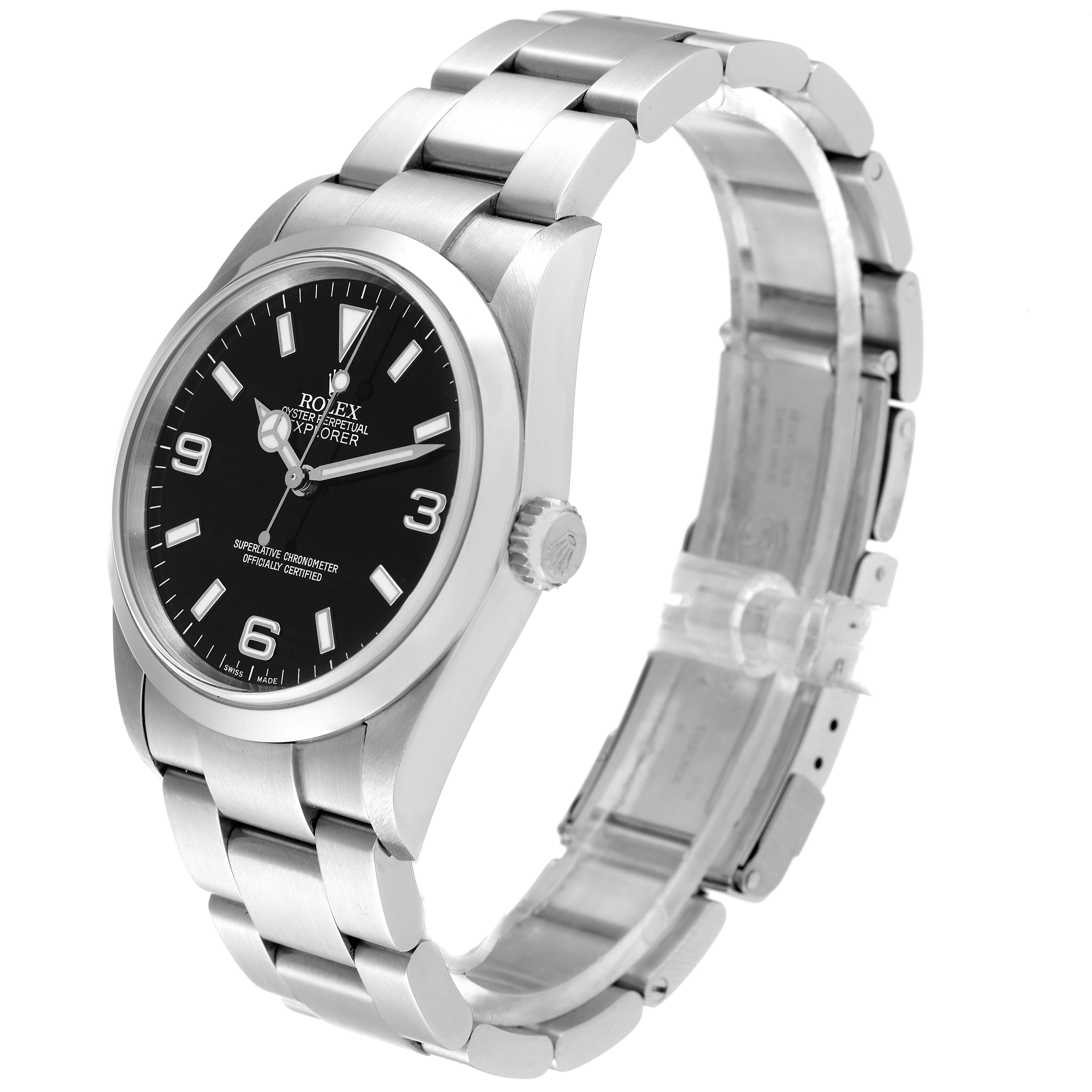 The Rolex Explorer 114270 Men
s Stainless Steel Black Dial 114270 Men
s Stainless Steel Black Dial watch is shown at a slight angle, revealing the face, crown, bezel, and bracelet.