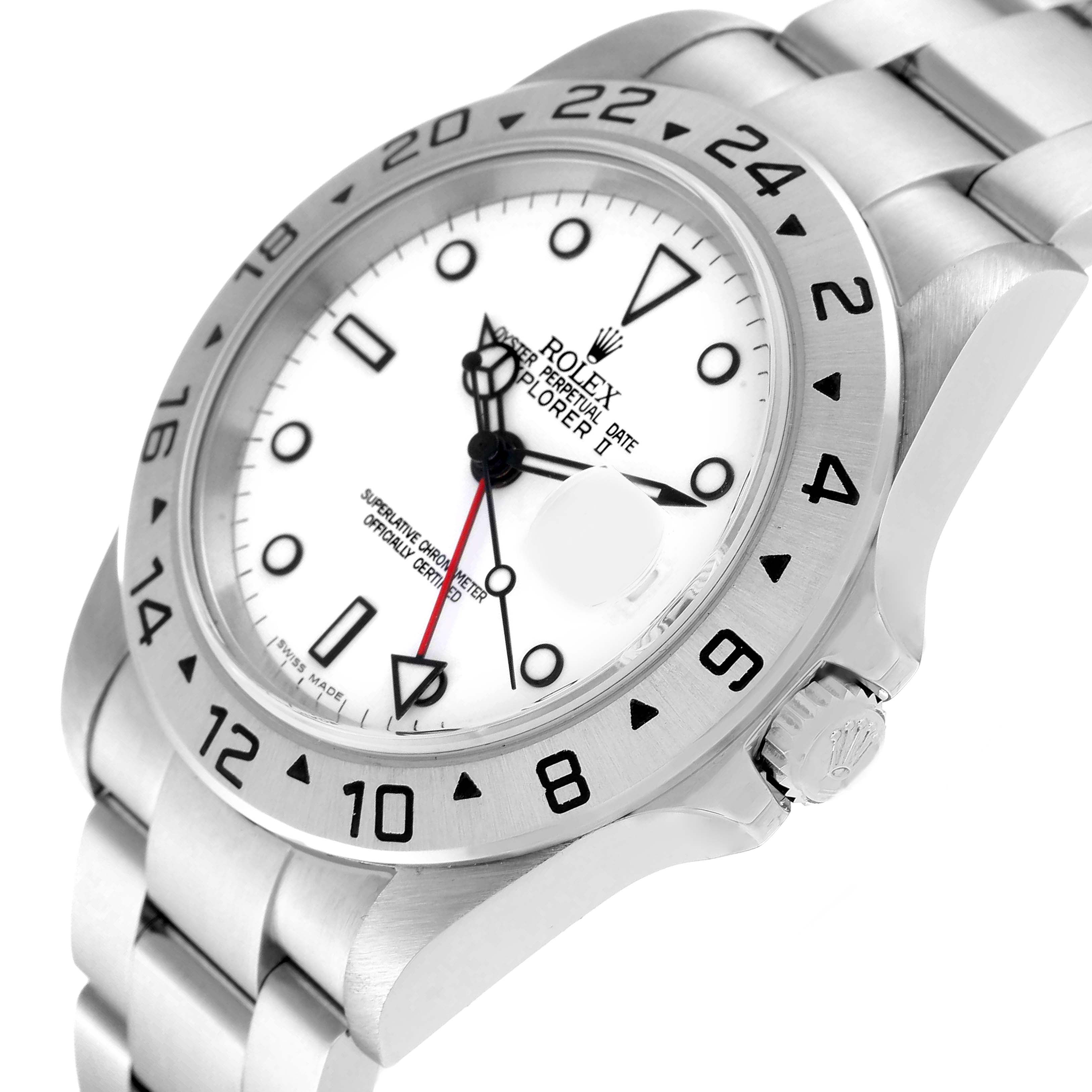 The Rolex Explorer 16570 Men's Stainless Steel White Dial 16570 Men's Stainless Steel White Dial model watch is shown at an angle, highlighting its white dial, bezel, and part of the metal bracelet.