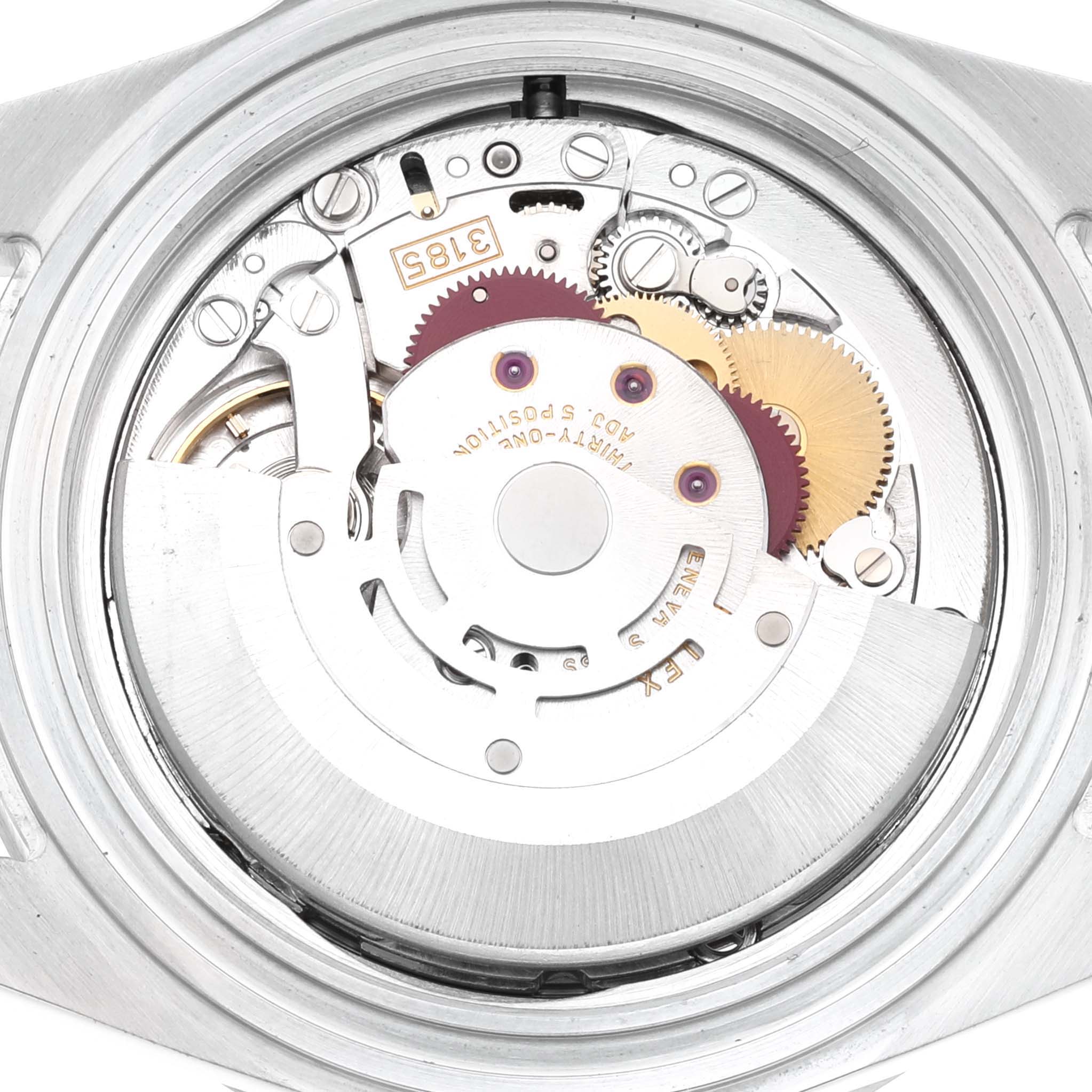 This image shows the detailed inner mechanism of a Rolex Explorer 16570 Men's Stainless Steel White Dial 16570 Men's Stainless Steel White Dial watch from the back view.